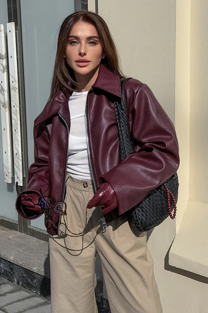 Burgundy Vintage Biker Coat - Image 2