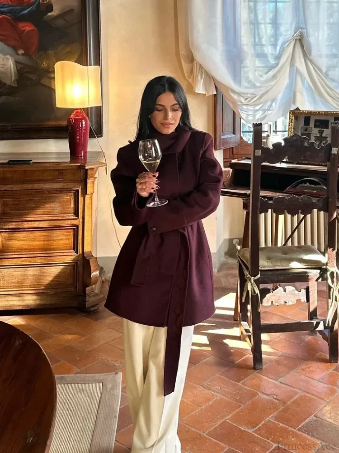 Burgundy Wool Blends Midi Coat - Image 3