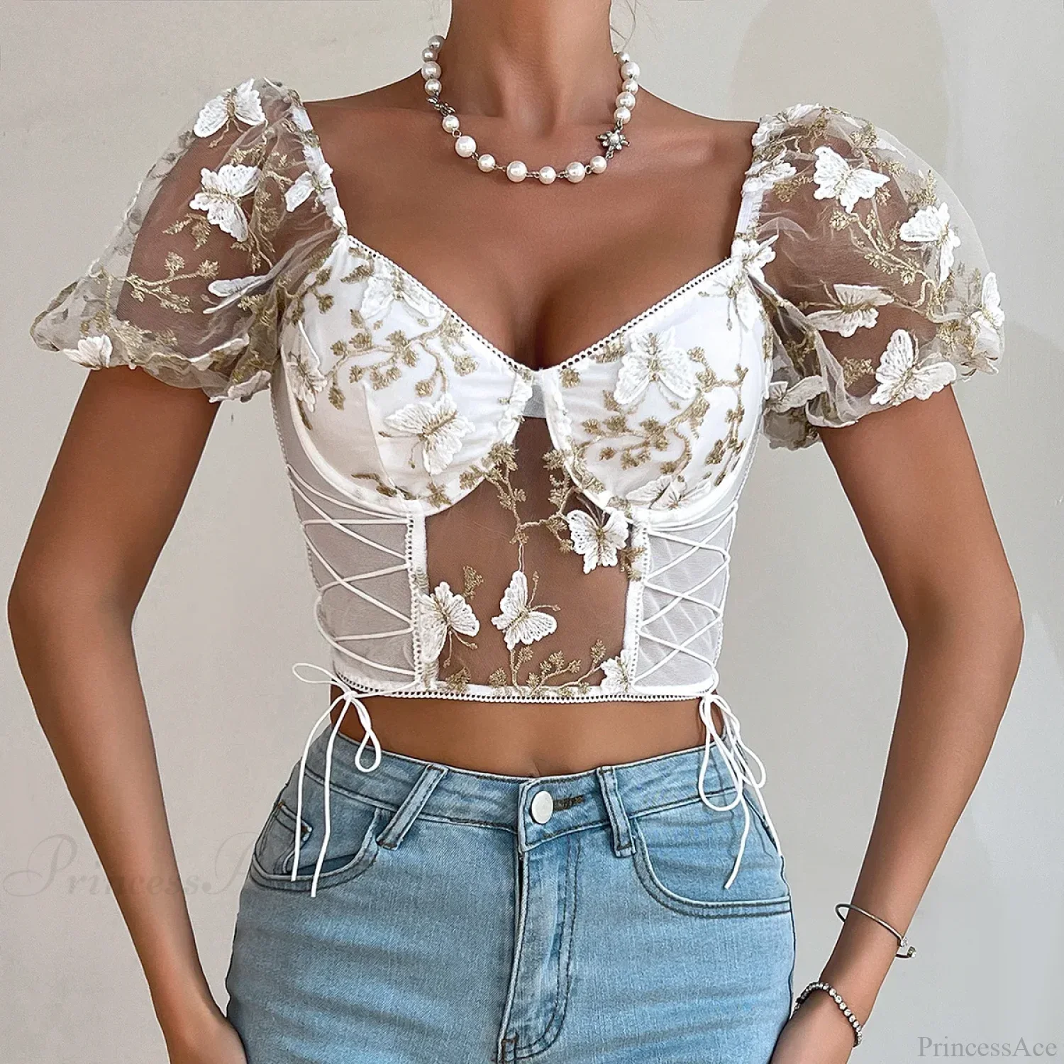 Butterfly Embroidered Mesh Puff Sleeve Lace-up Corset Top - Image 11
