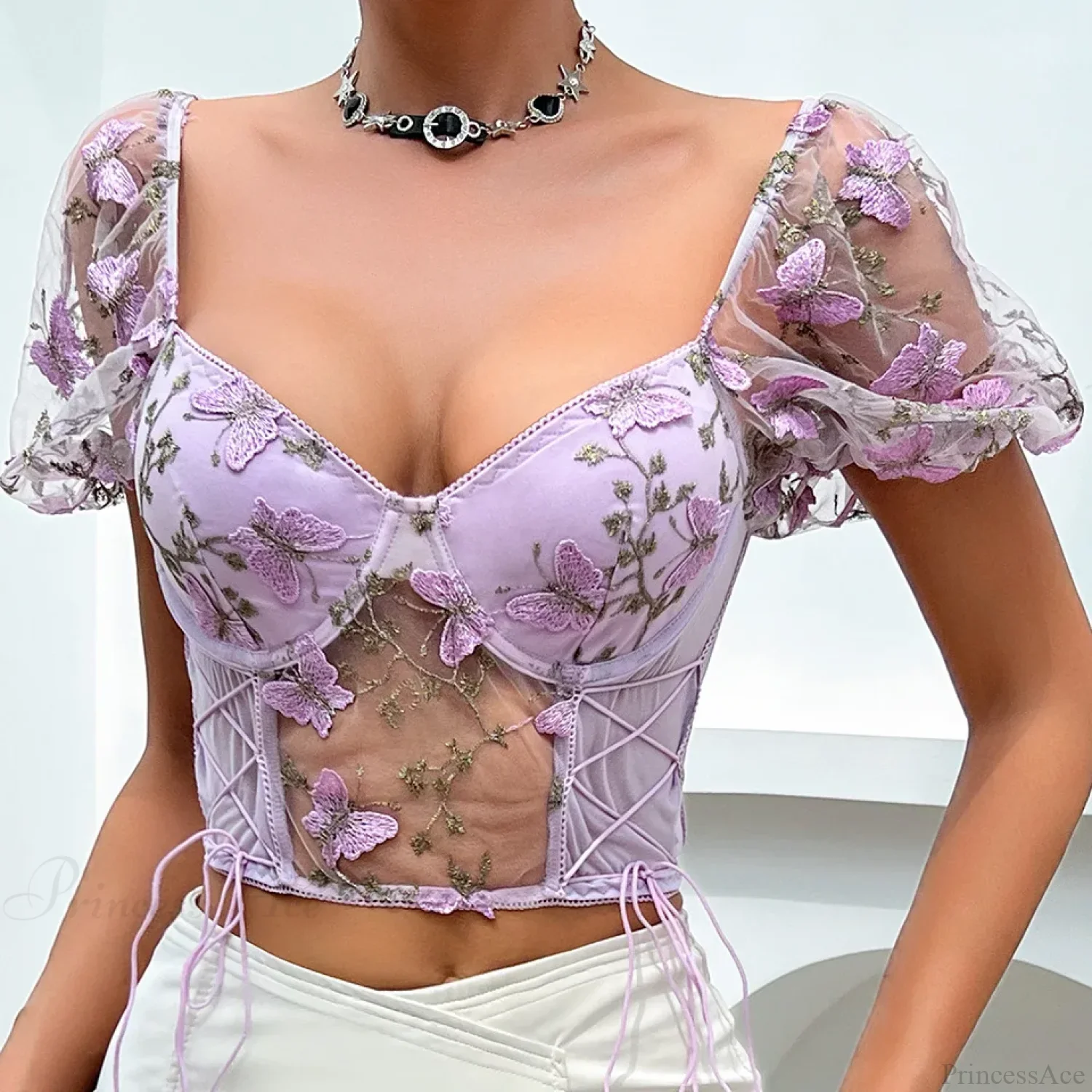 Butterfly Embroidered Mesh Puff Sleeve Lace-up Corset Top - Image 13
