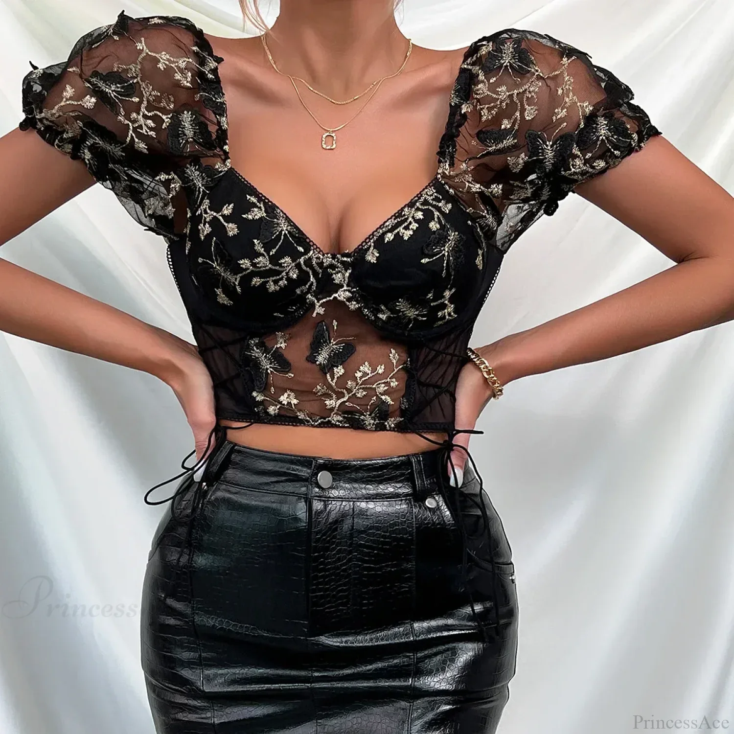 Butterfly Embroidered Mesh Puff Sleeve Lace-up Corset Top - Image 15