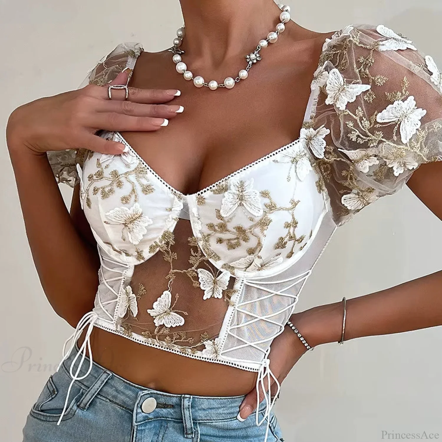Butterfly Embroidered Mesh Puff Sleeve Lace-up Corset Top - Image 6