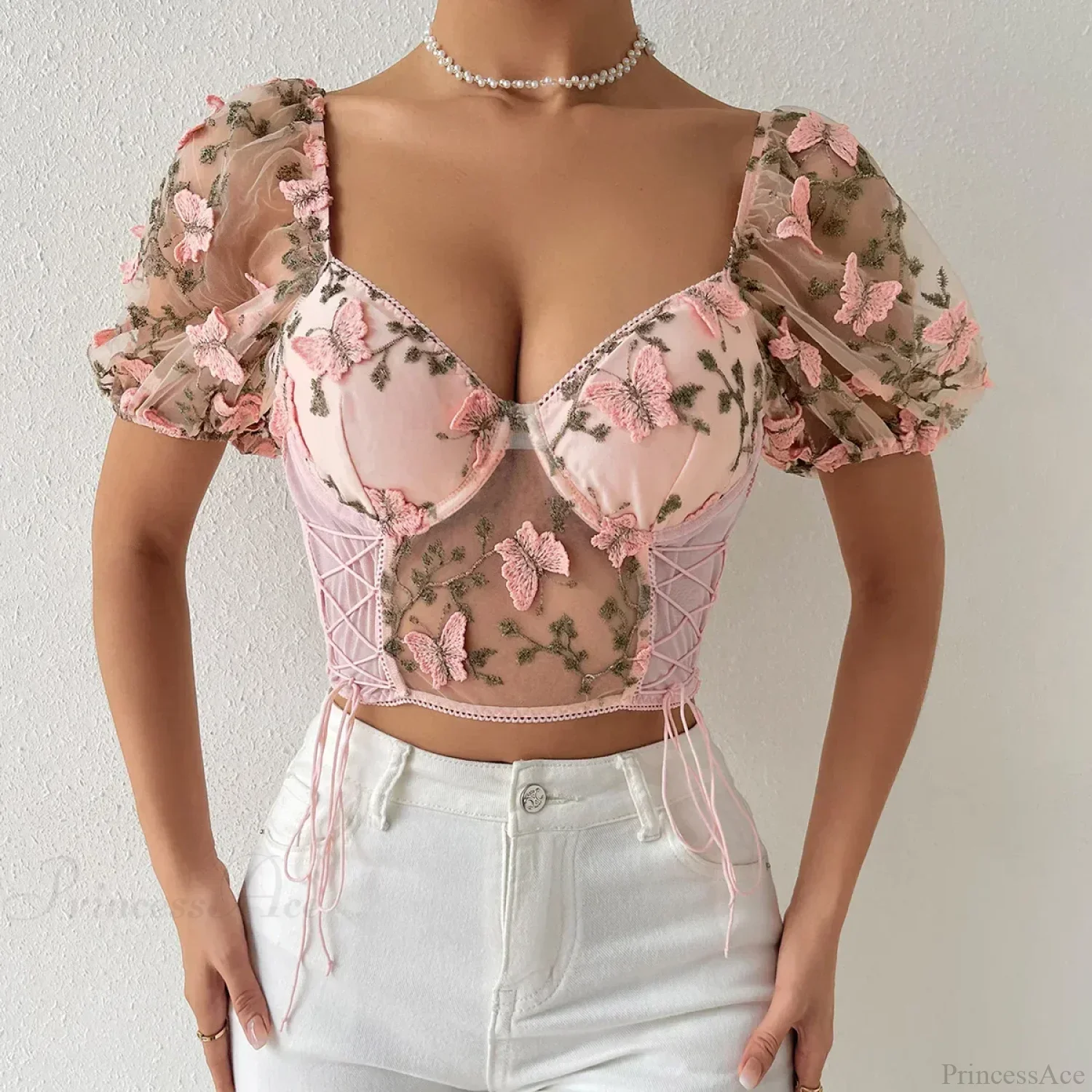 Butterfly Embroidered Mesh Puff Sleeve Lace-up Corset Top - Image 8