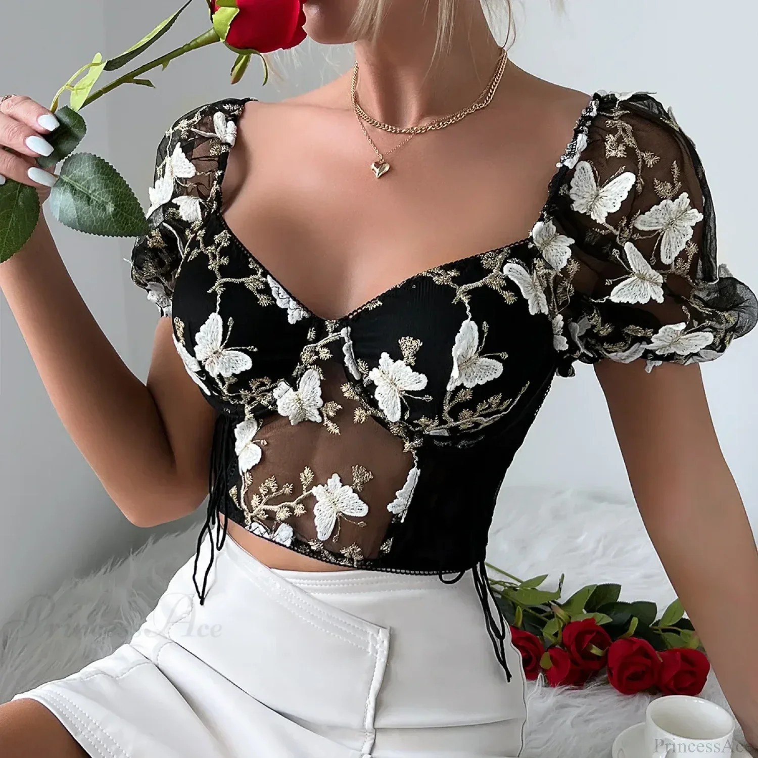 Butterfly Embroidered Mesh Puff Sleeve Lace-up Corset Top - Image 9