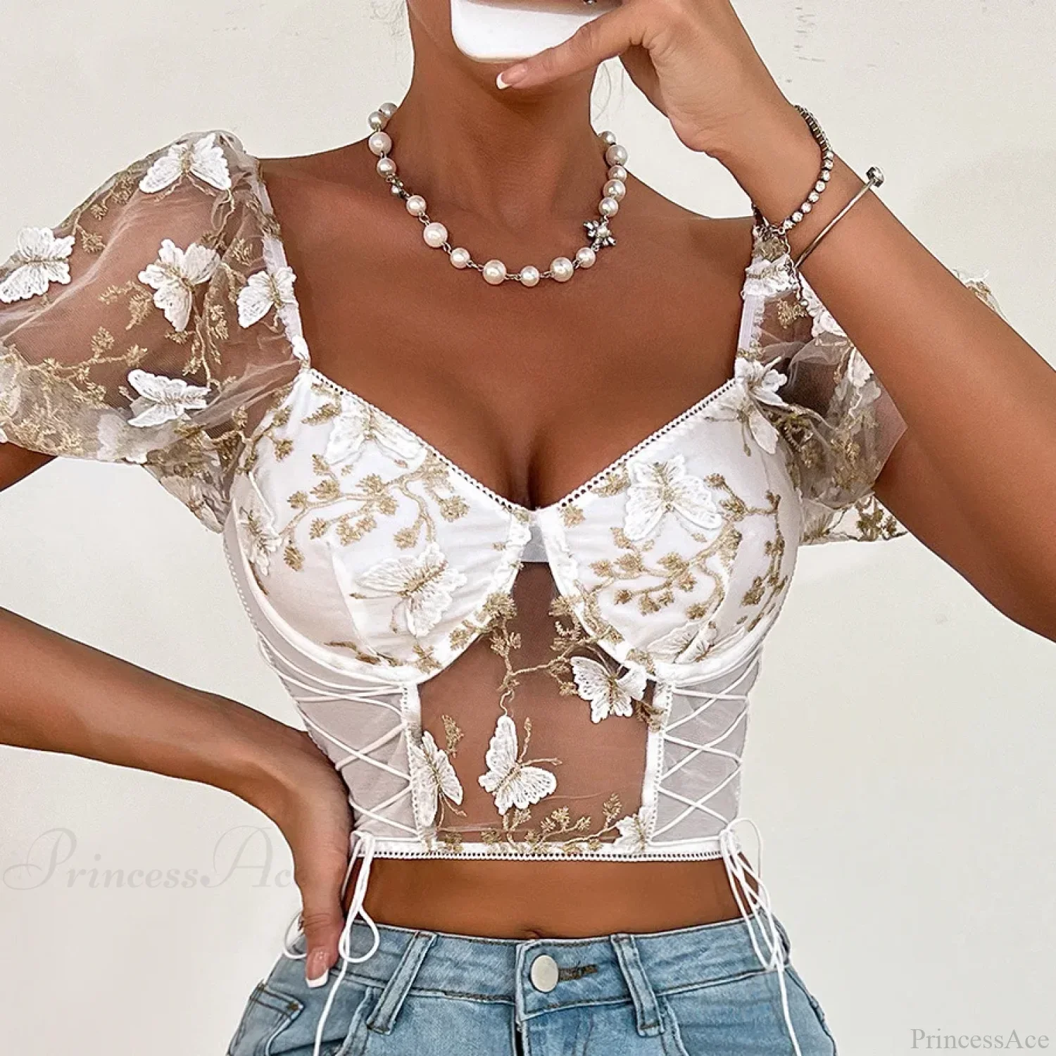 Butterfly Embroidery Mesh Splicing V Neck Slim See-through Crop Top - Image 10