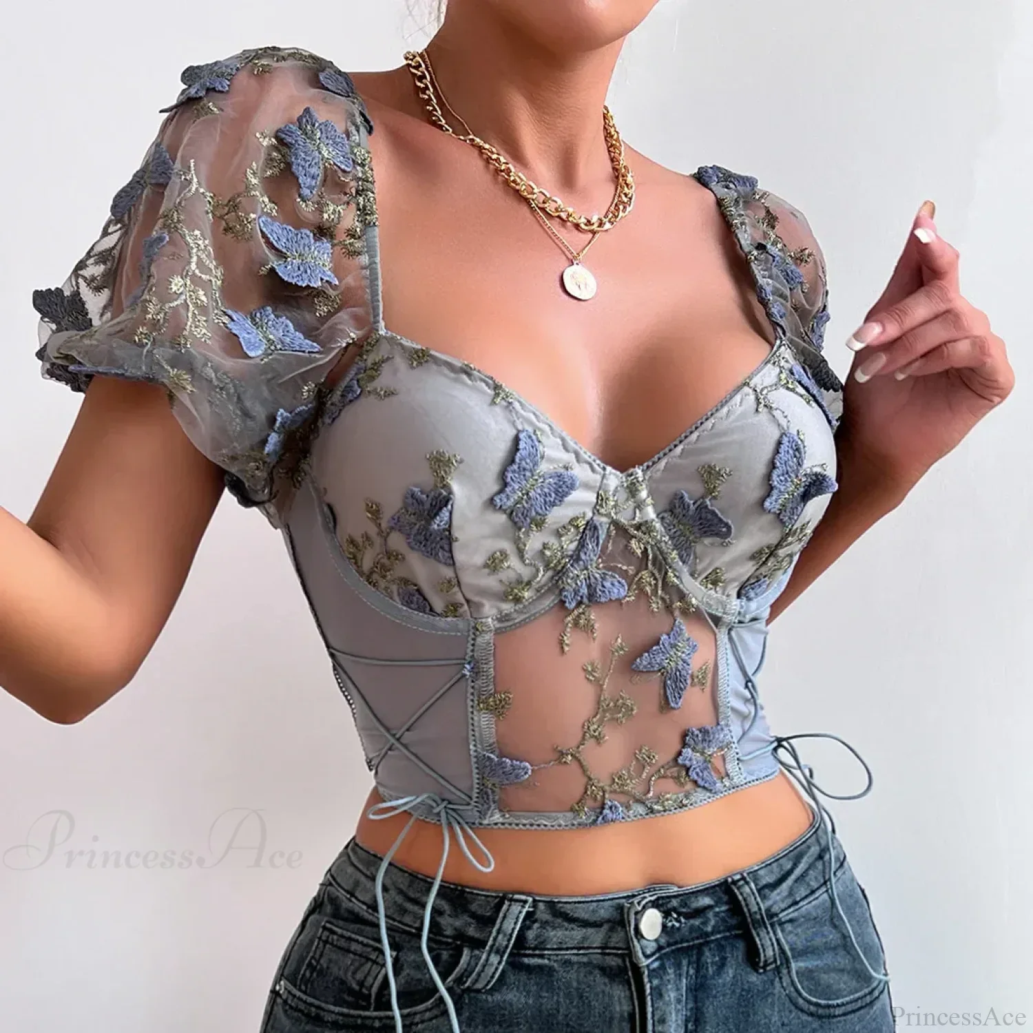 Butterfly Embroidery Mesh Splicing V Neck Slim See-through Crop Top - Image 9