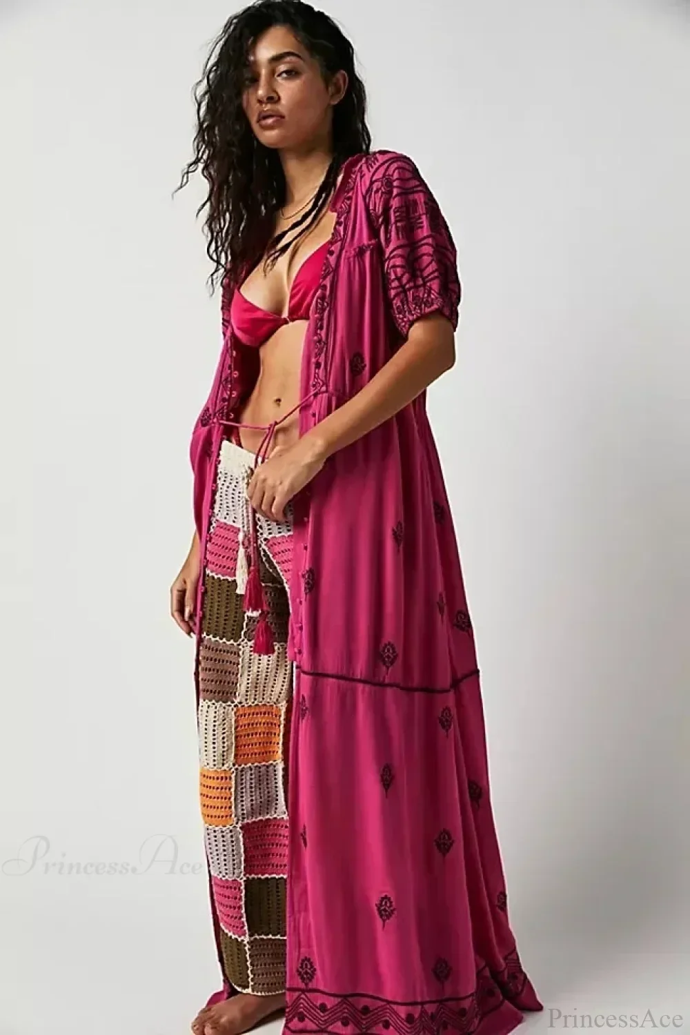 Button Down Embroidery Short Sleeve Chic Boho Dress - Image 2