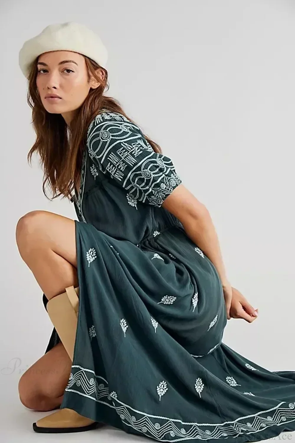 Button Down Embroidery Short Sleeve Chic Boho Dress - Image 3