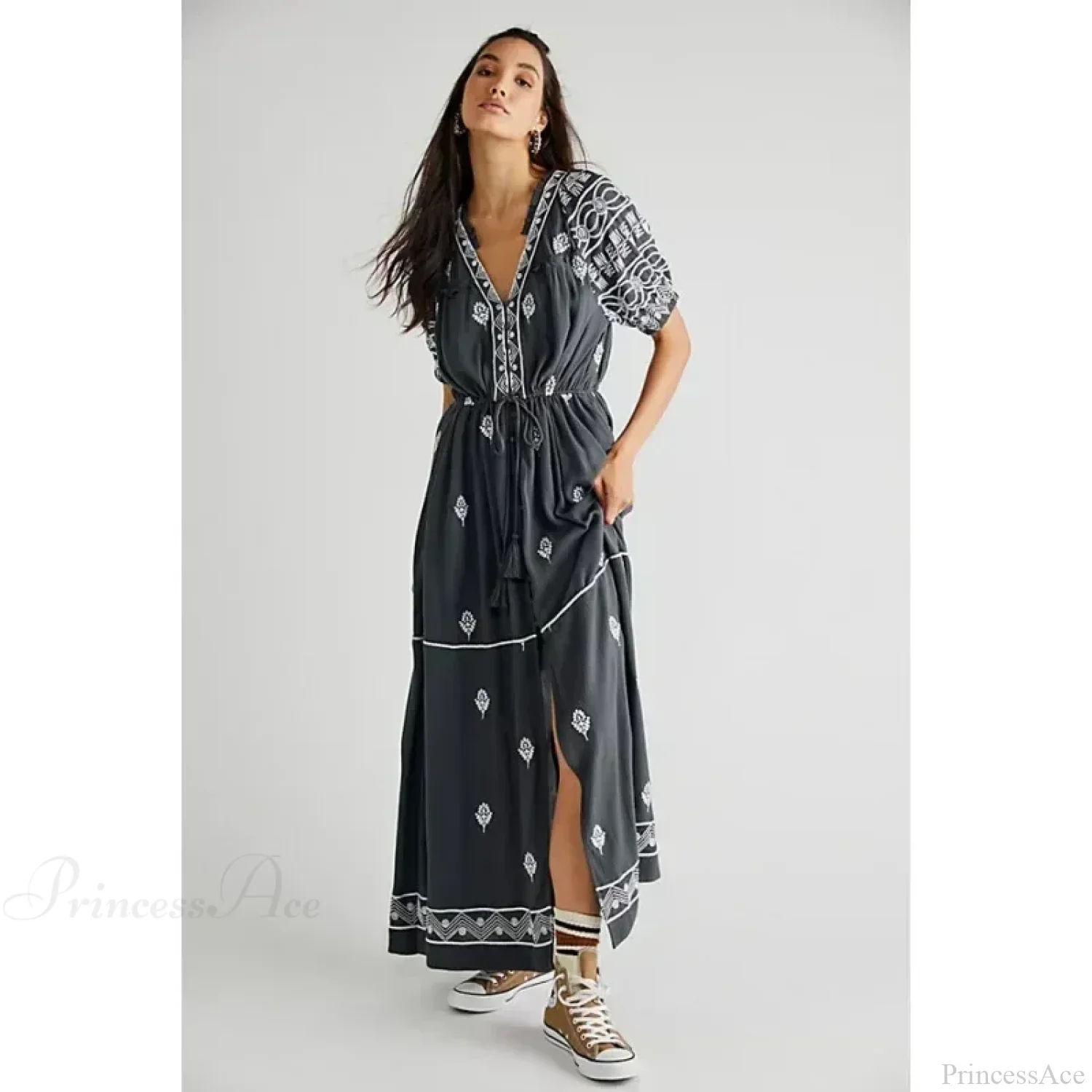 Button Down Embroidery Short Sleeve Chic Boho Dress - Image 5