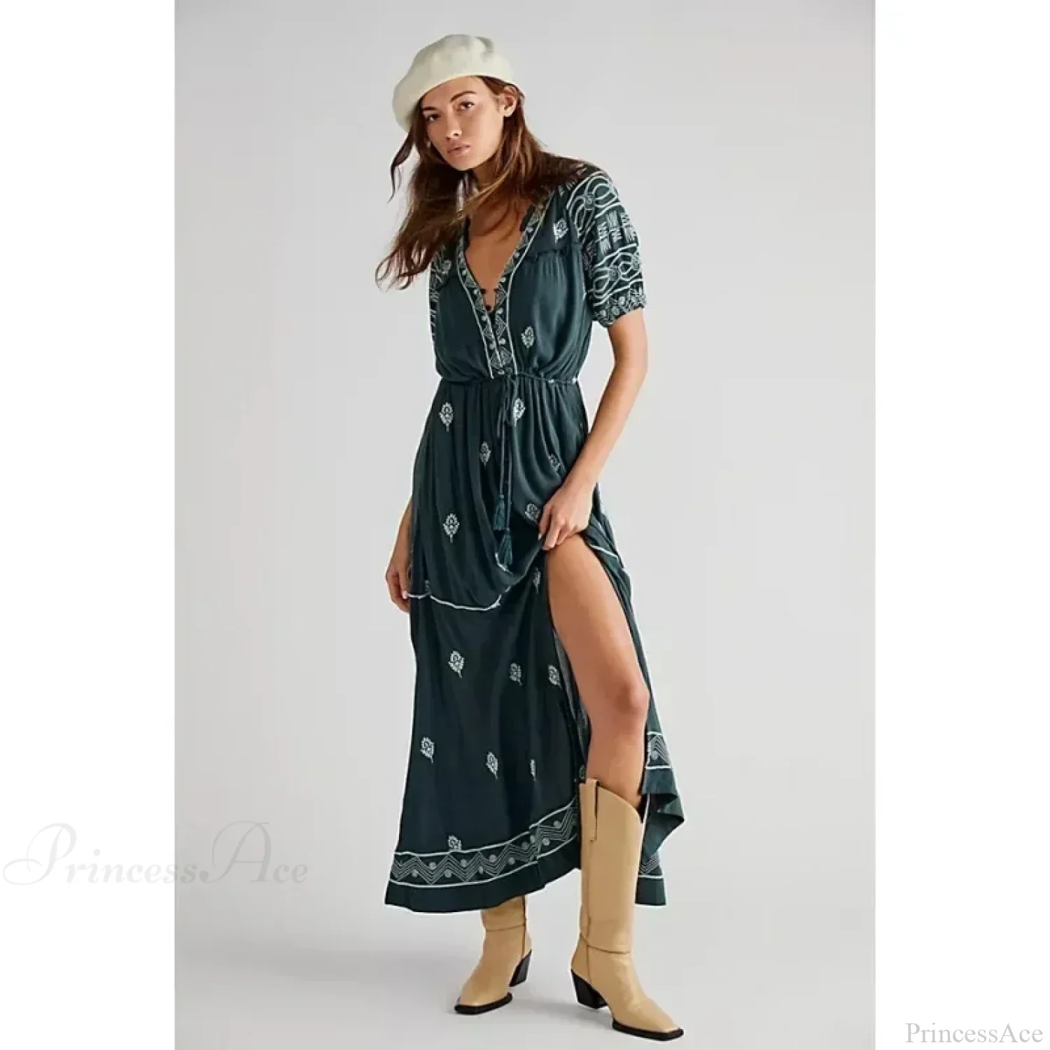 Button Down Embroidery Short Sleeve Chic Boho Dress - Image 7