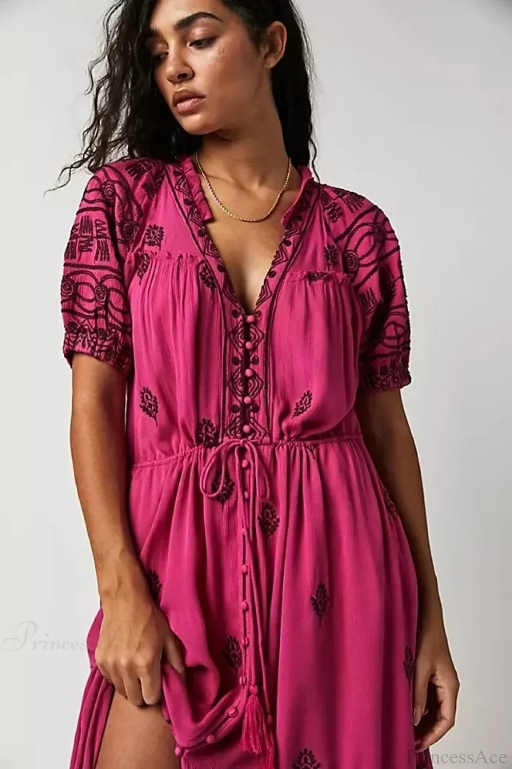 Button Down Embroidery Short Sleeve Chic Boho Dress - Image 8