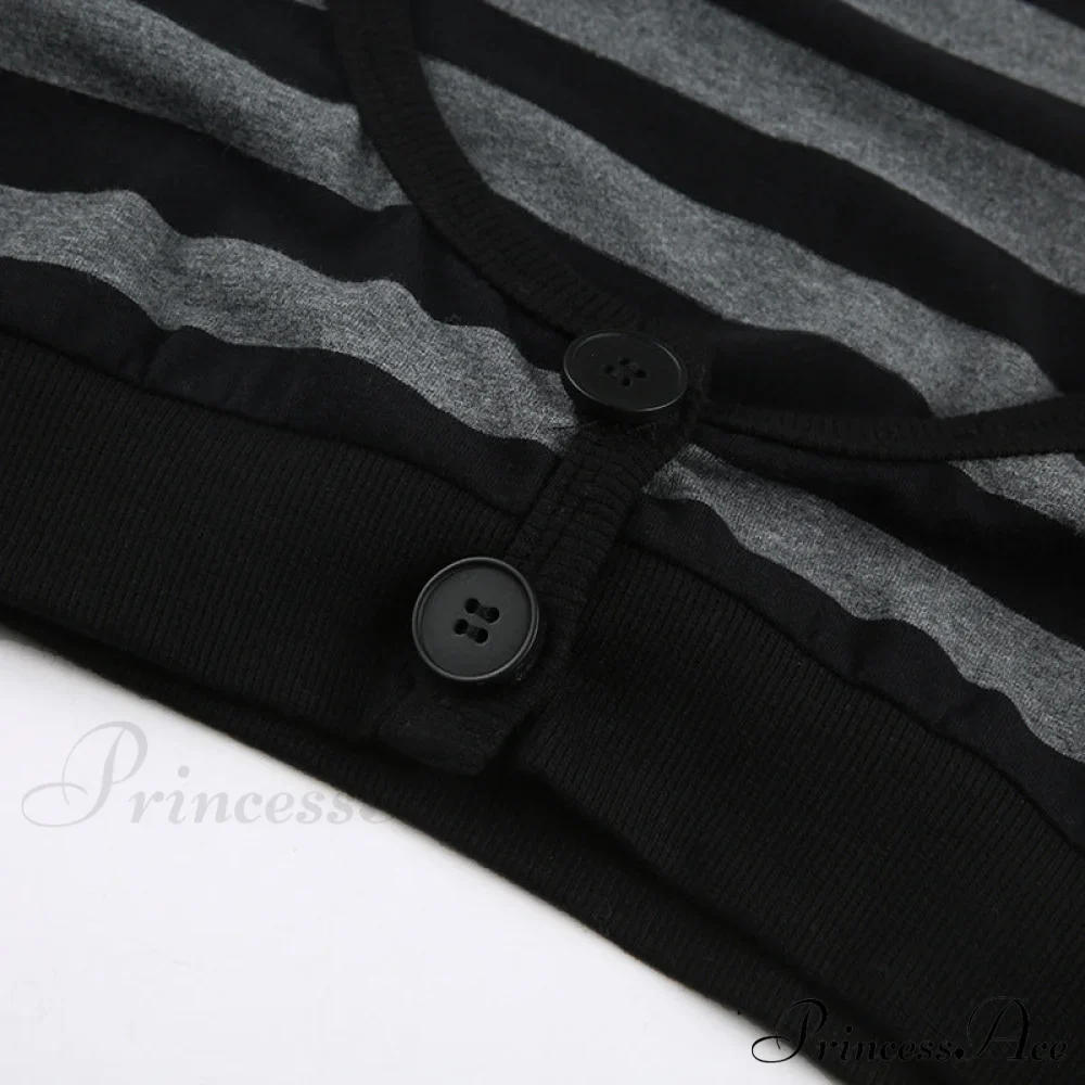 Button Full T Vintage V Crop Top Harajuku Neck Blouse Arm Knitted Women Grunge Tee Striped Y2K Outfits - Image 11