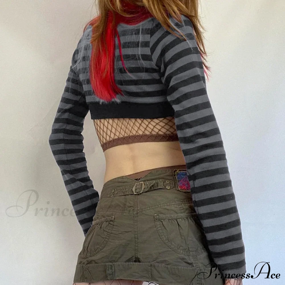Button Full T Vintage V Crop Top Harajuku Neck Blouse Arm Knitted Women Grunge Tee Striped Y2K Outfits - Image 3