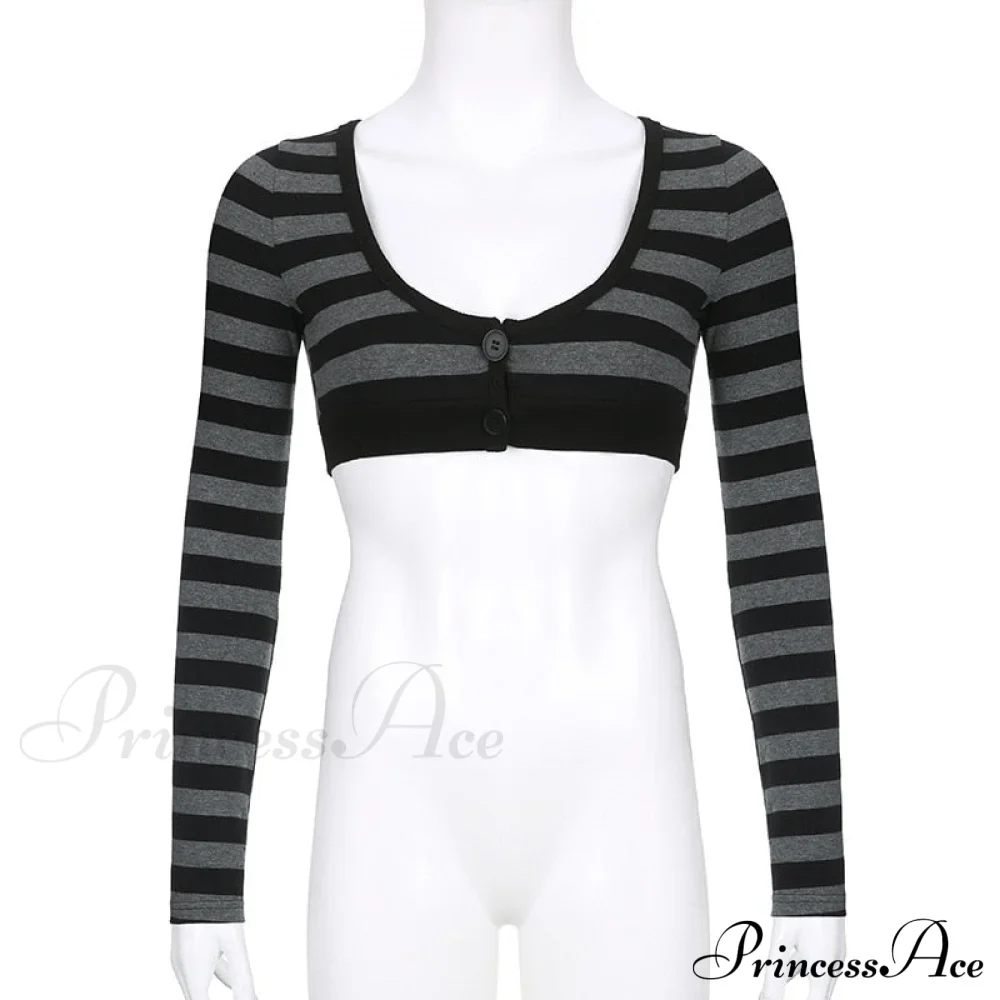Button Full T Vintage V Crop Top Harajuku Neck Blouse Arm Knitted Women Grunge Tee Striped Y2K Outfits - Image 4