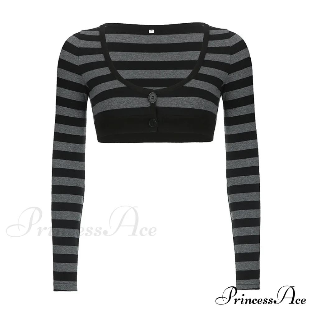 Button Full T Vintage V Crop Top Harajuku Neck Blouse Arm Knitted Women Grunge Tee Striped Y2K Outfits - Image 6