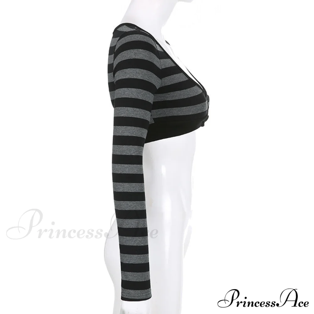 Button Full T Vintage V Crop Top Harajuku Neck Blouse Arm Knitted Women Grunge Tee Striped Y2K Outfits - Image 7