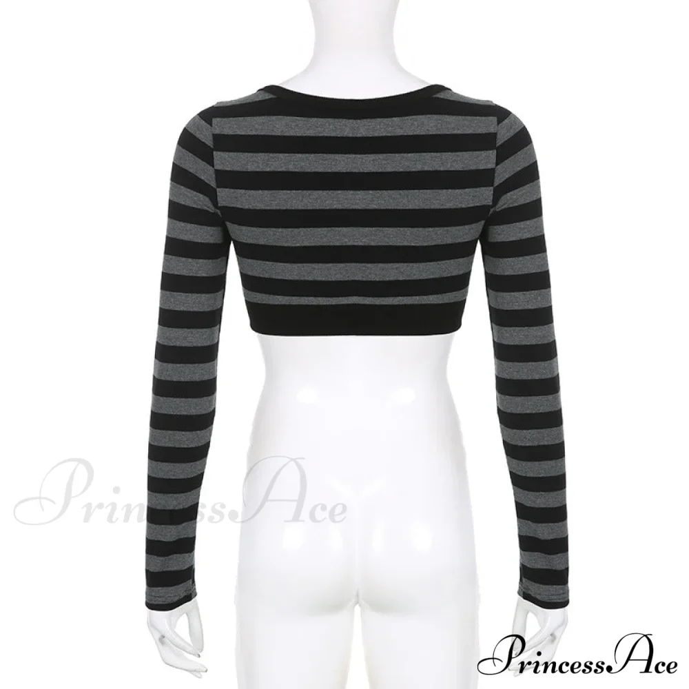 Button Full T Vintage V Crop Top Harajuku Neck Blouse Arm Knitted Women Grunge Tee Striped Y2K Outfits - Image 8