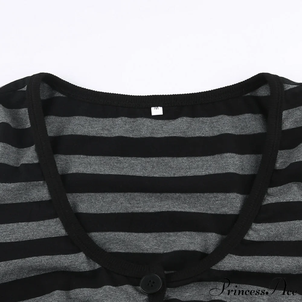 Button Full T Vintage V Crop Top Harajuku Neck Blouse Arm Knitted Women Grunge Tee Striped Y2K Outfits - Image 9