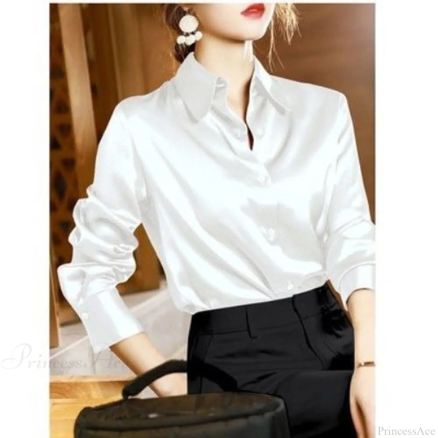 Button Satin - Women's Blouse Silk Luxury Office Crepe Up Elegant Top - Image 11