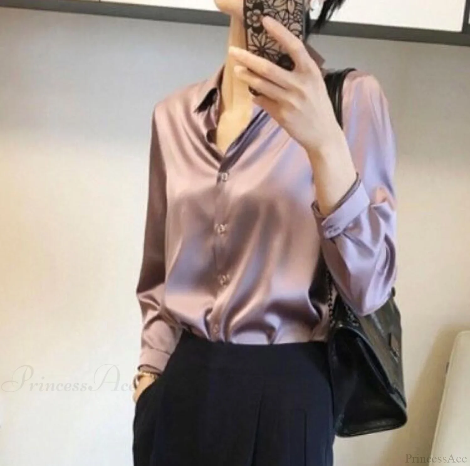 Button Satin - Women's Blouse Silk Luxury Office Crepe Up Elegant Top - Image 12