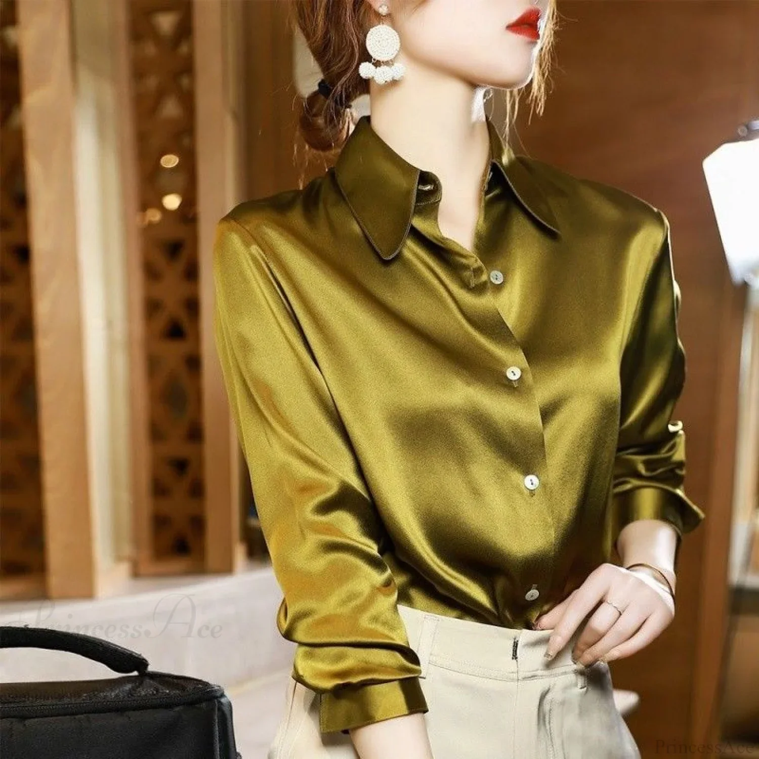 Button Satin - Women's Blouse Silk Luxury Office Crepe Up Elegant Top - Image 13