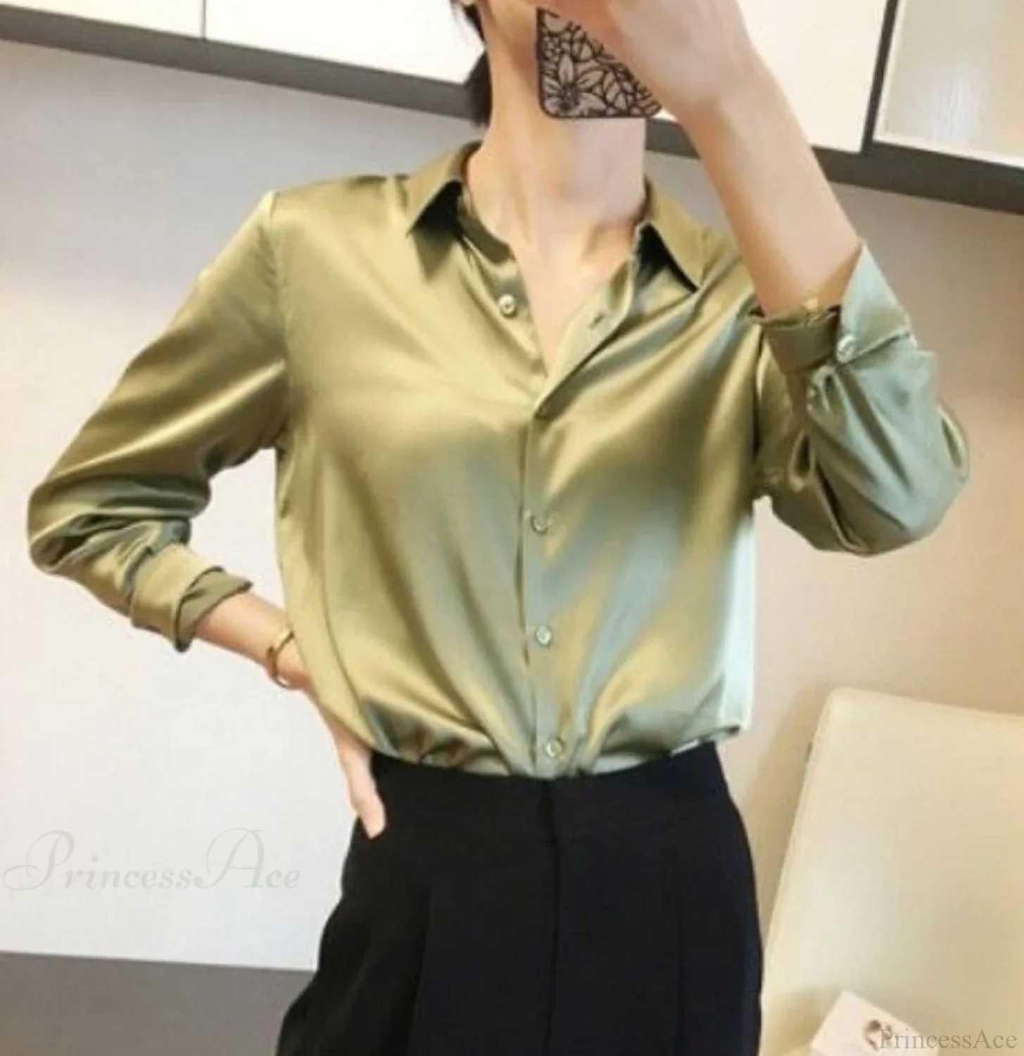 Button Satin - Women's Blouse Silk Luxury Office Crepe Up Elegant Top - Image 14