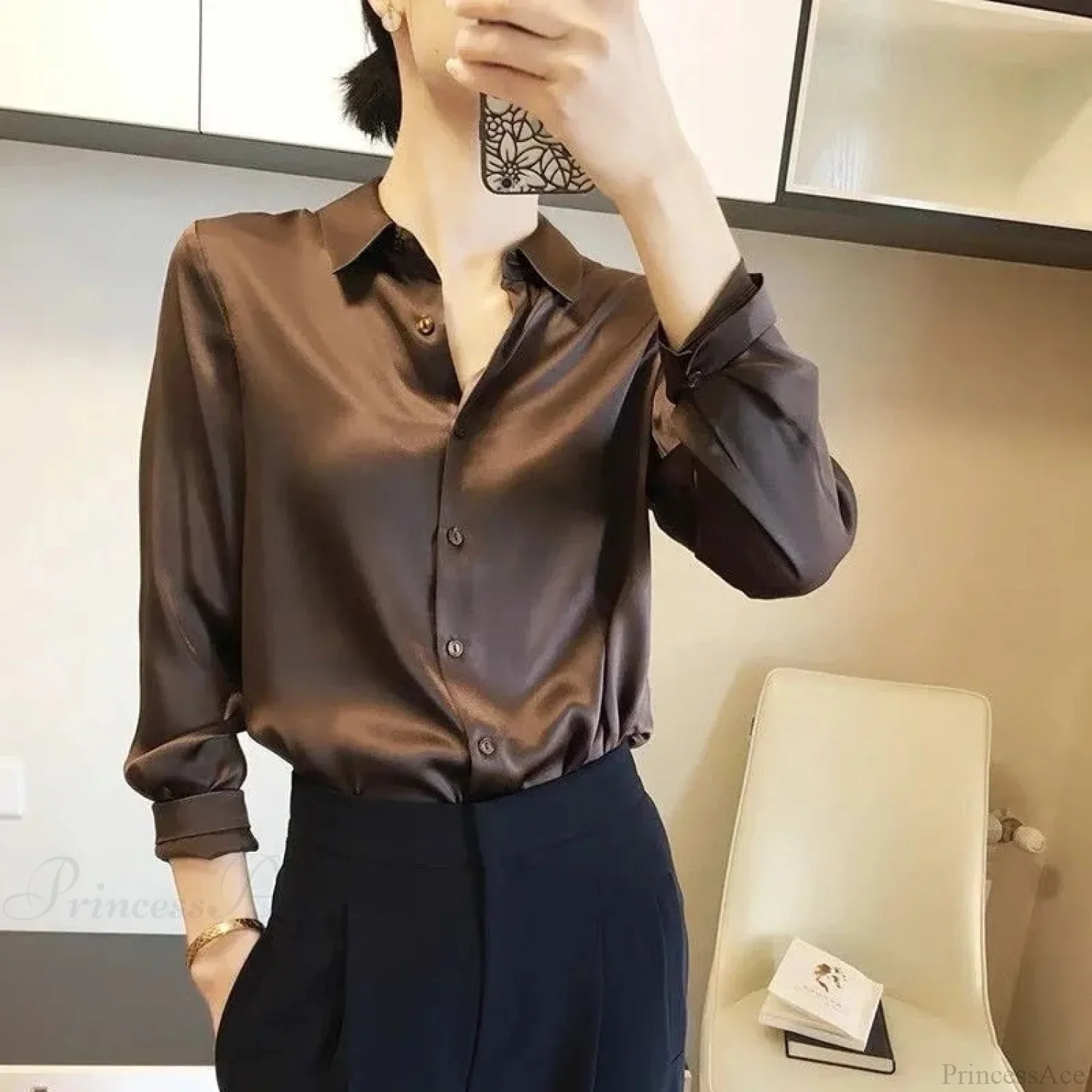 Button Satin - Women's Blouse Silk Luxury Office Crepe Up Elegant Top - Image 15