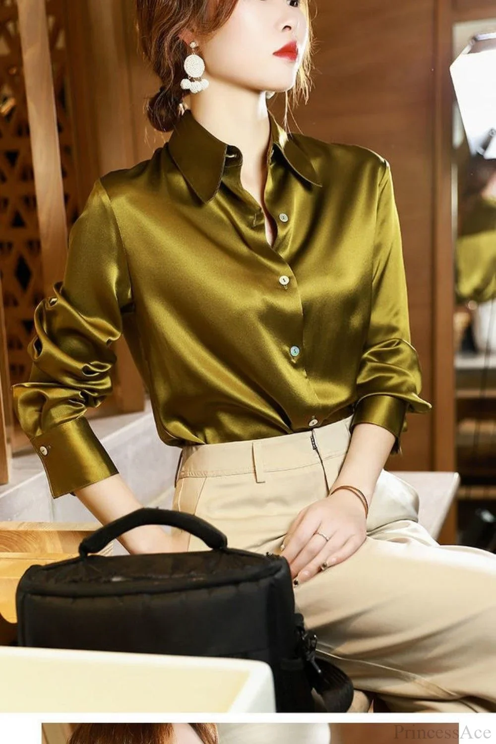 Button Satin - Women's Blouse Silk Luxury Office Crepe Up Elegant Top - Image 17