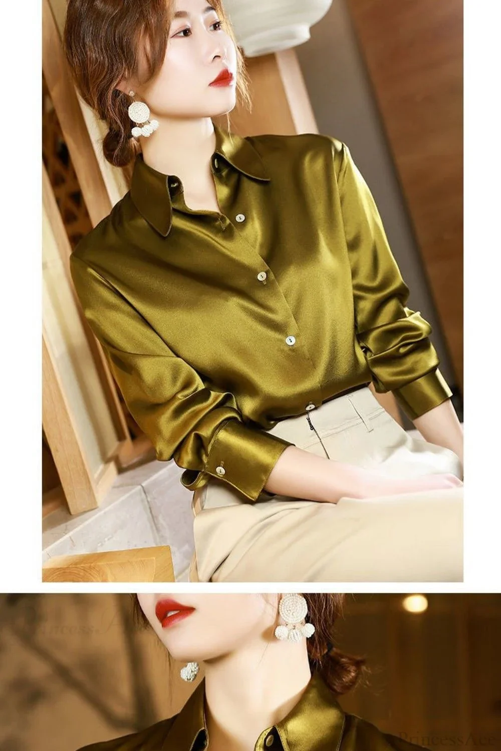 Button Satin - Women's Blouse Silk Luxury Office Crepe Up Elegant Top - Image 18