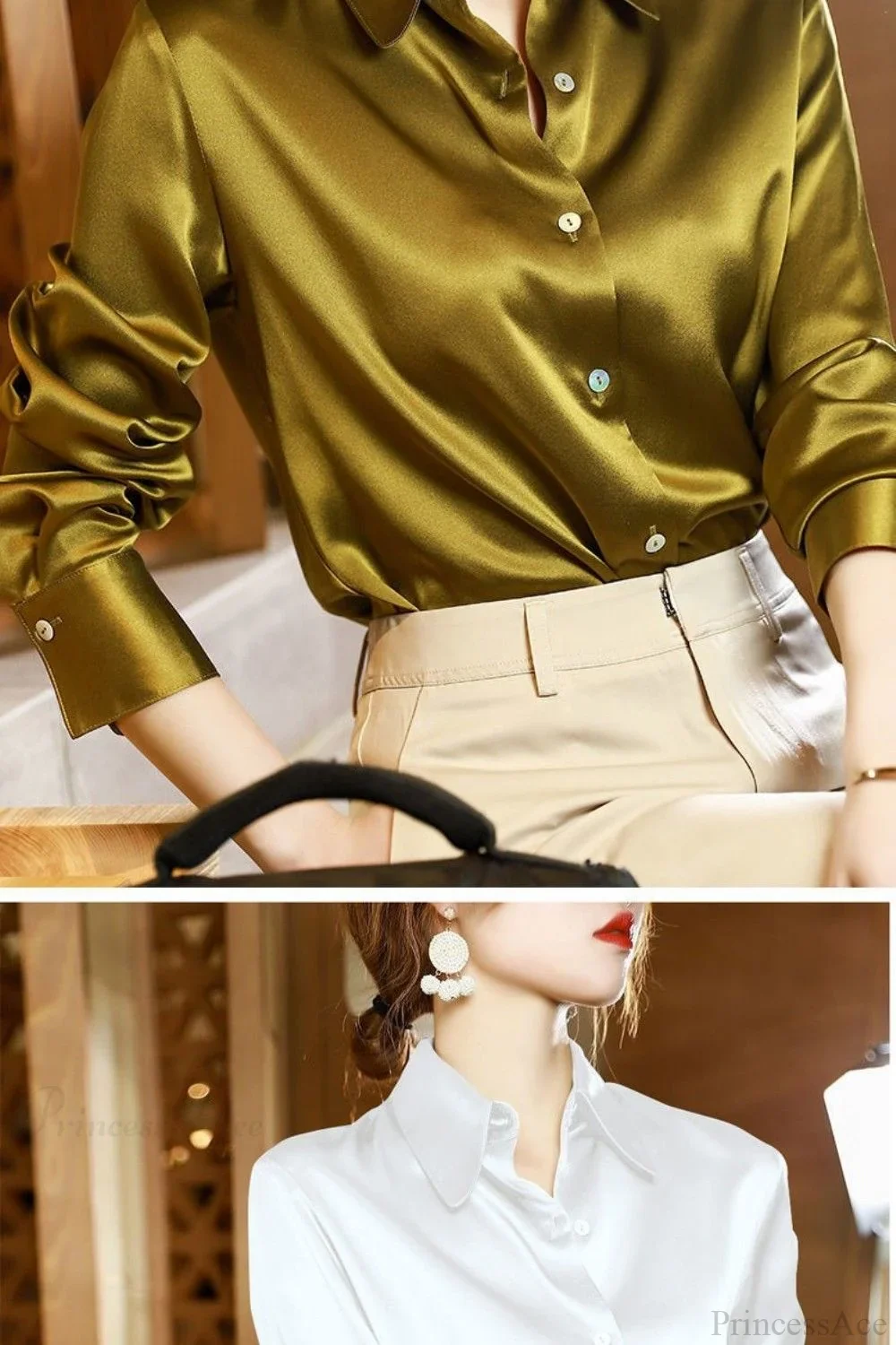 Button Satin - Women's Blouse Silk Luxury Office Crepe Up Elegant Top - Image 22