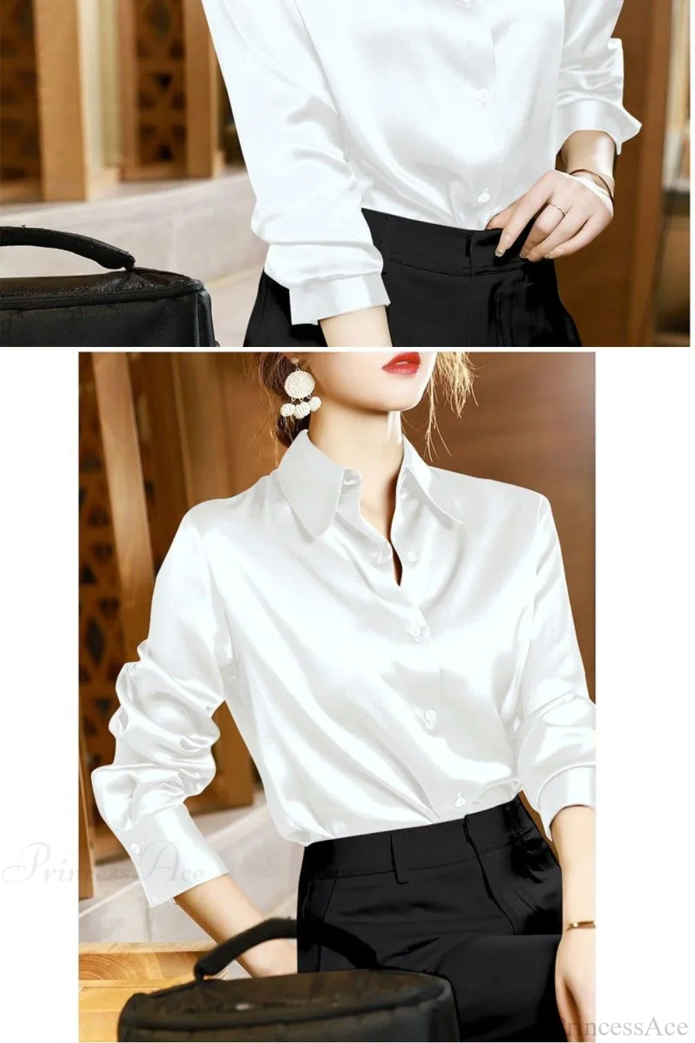 Button Satin - Women's Blouse Silk Luxury Office Crepe Up Elegant Top - Image 23