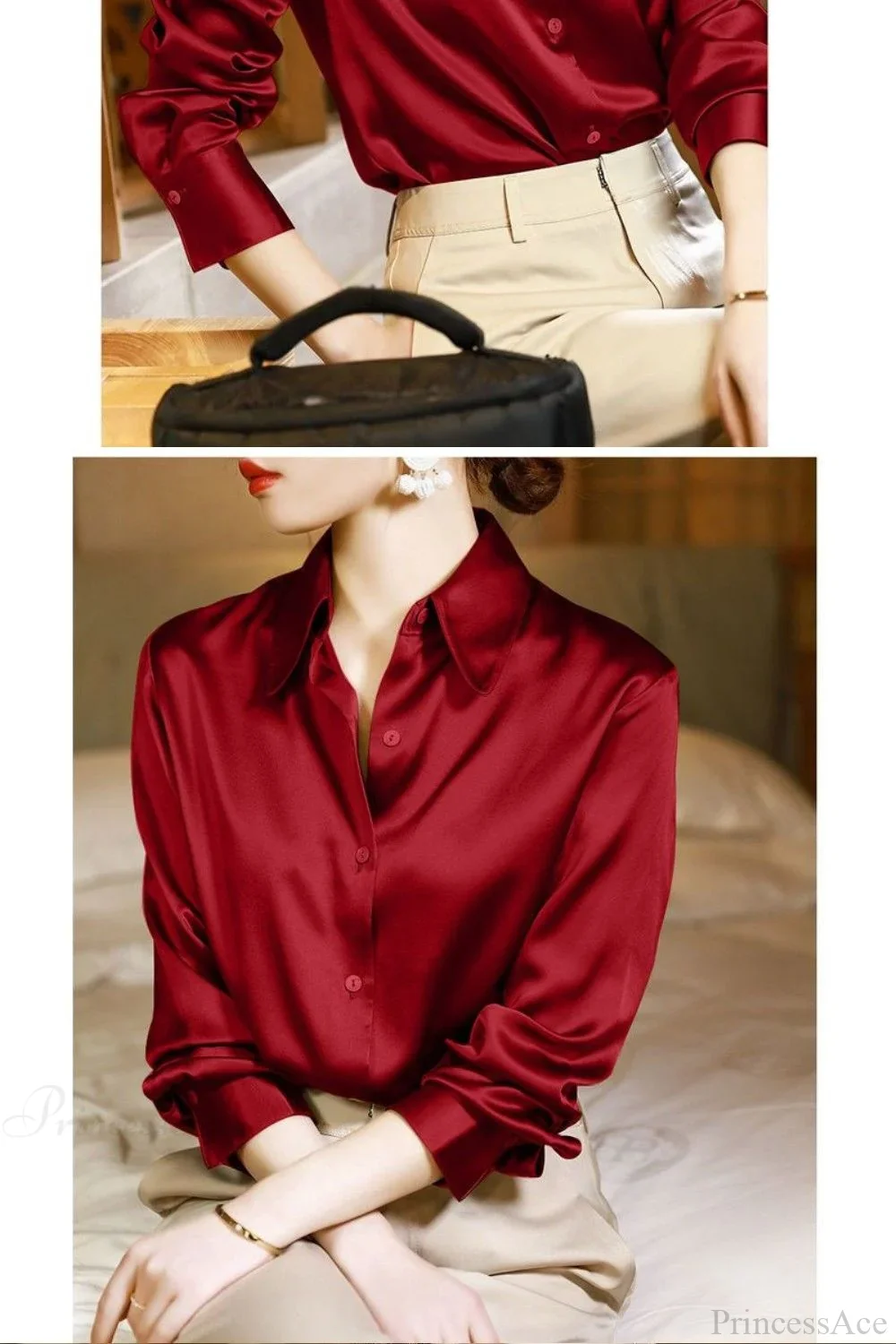 Button Satin - Women's Blouse Silk Luxury Office Crepe Up Elegant Top - Image 25