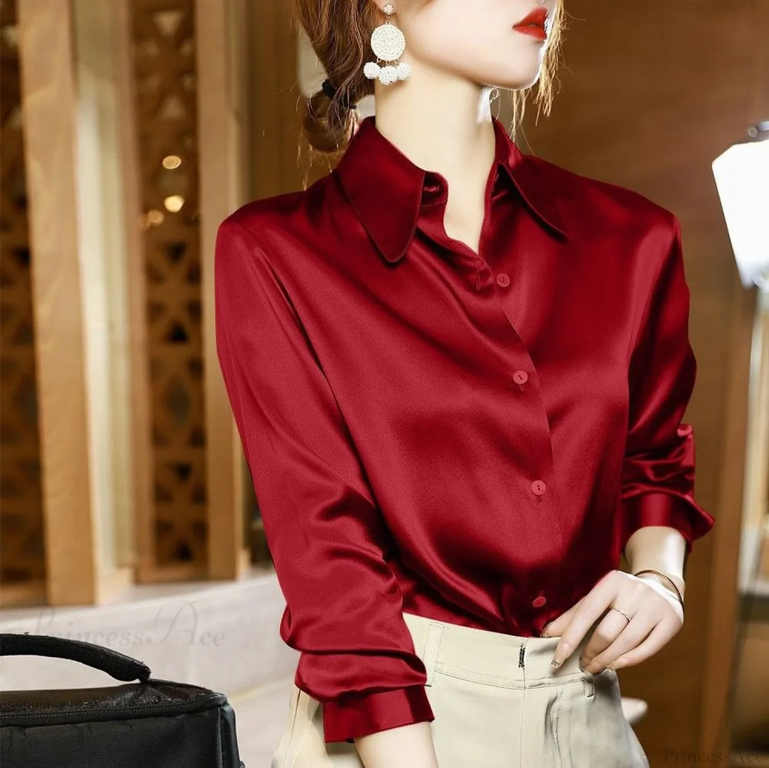 Button Satin - Women's Blouse Silk Luxury Office Crepe Up Elegant Top - Image 26