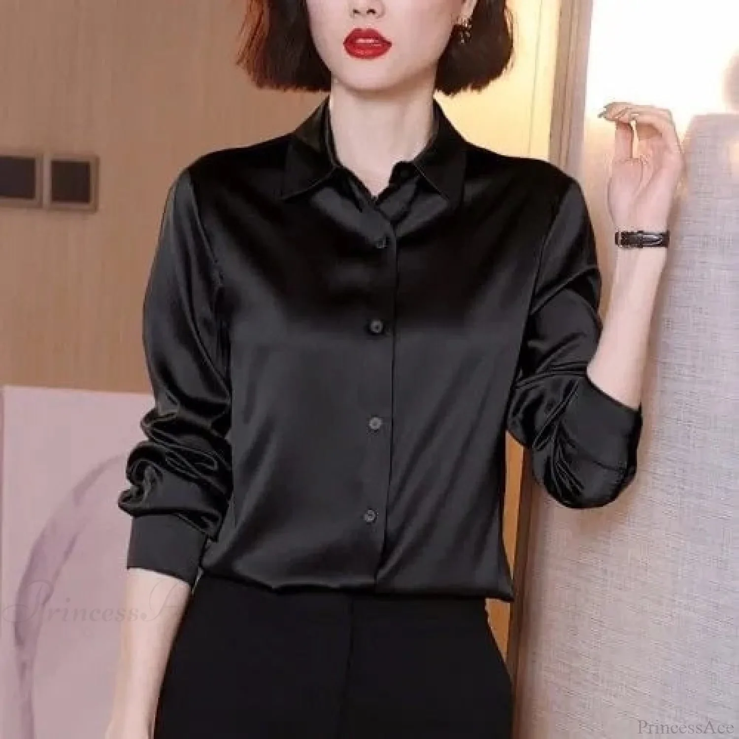 Button Satin - Women's Blouse Silk Luxury Office Crepe Up Elegant Top - Image 7