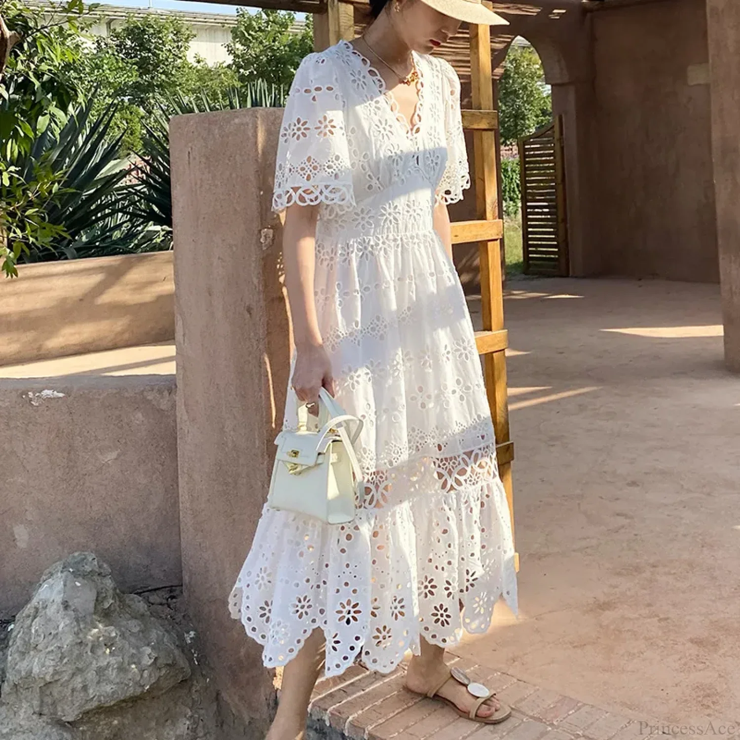 Button Up Embroidery Lantern Sleeve Cotton Boho Dress - Image 4