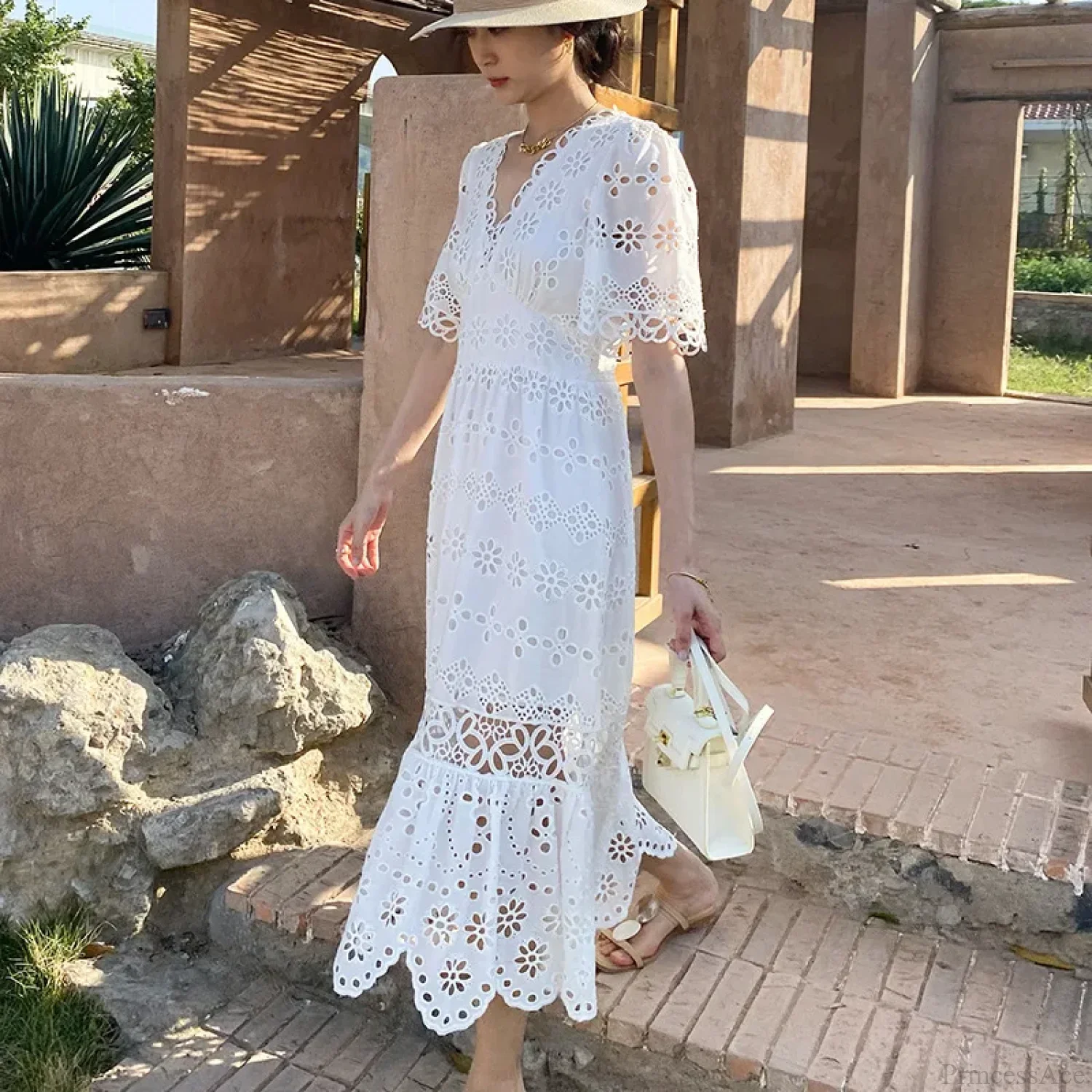 Button Up Embroidery Lantern Sleeve Cotton Boho Dress - Image 5