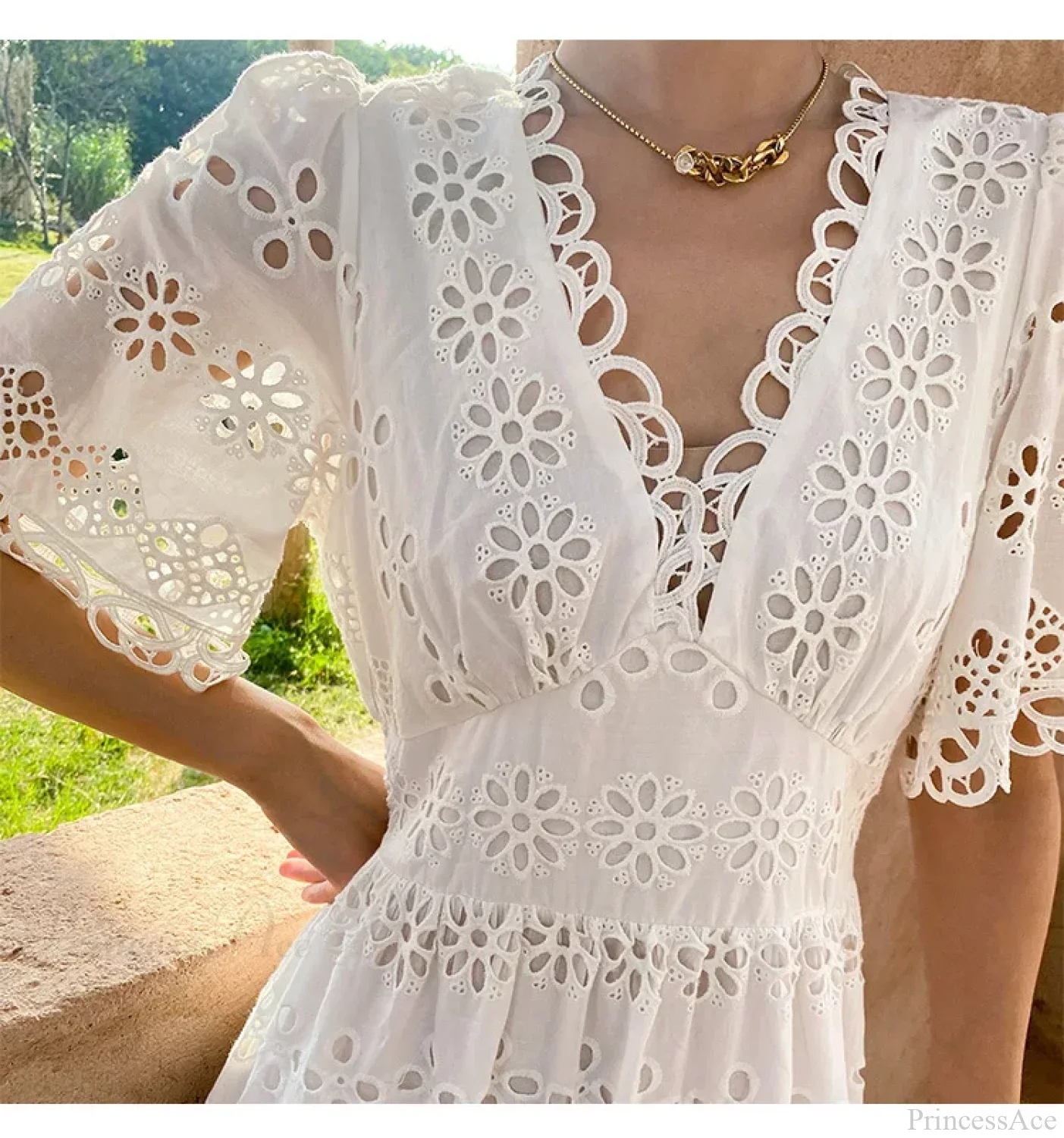 Button Up Embroidery Lantern Sleeve Cotton Boho Dress - Image 6