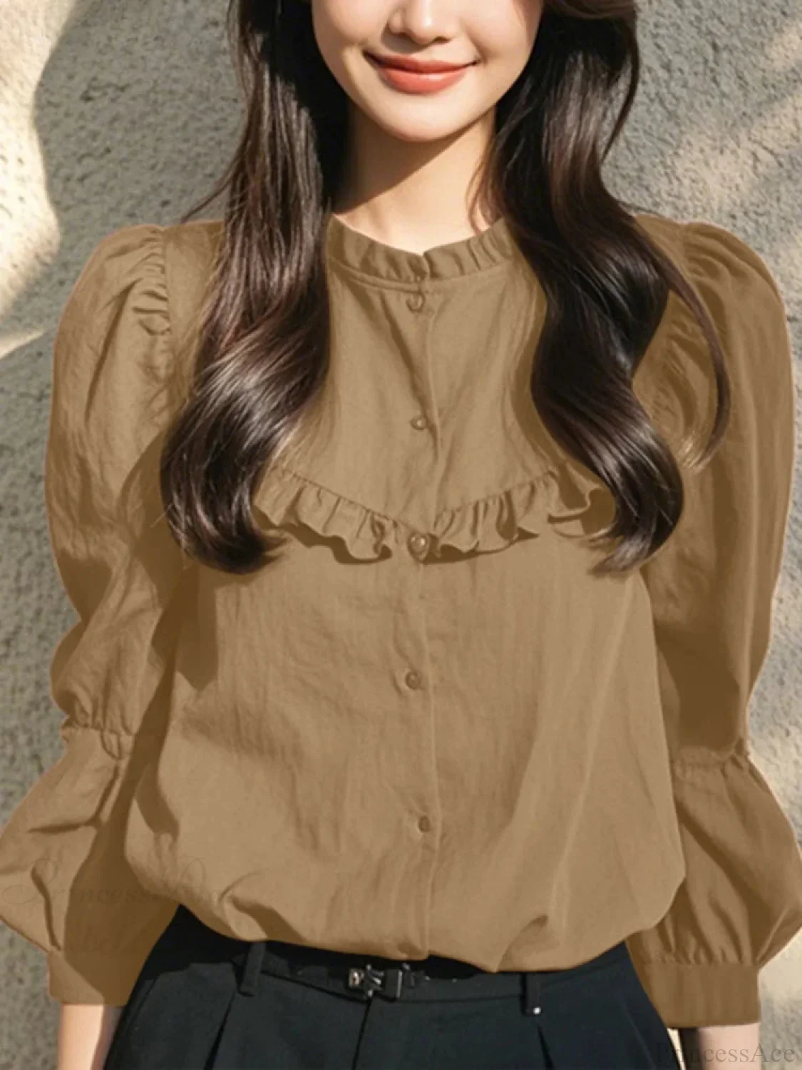 Button-Up O-neck Lantern Sleeve Casual Blouse - Image 2