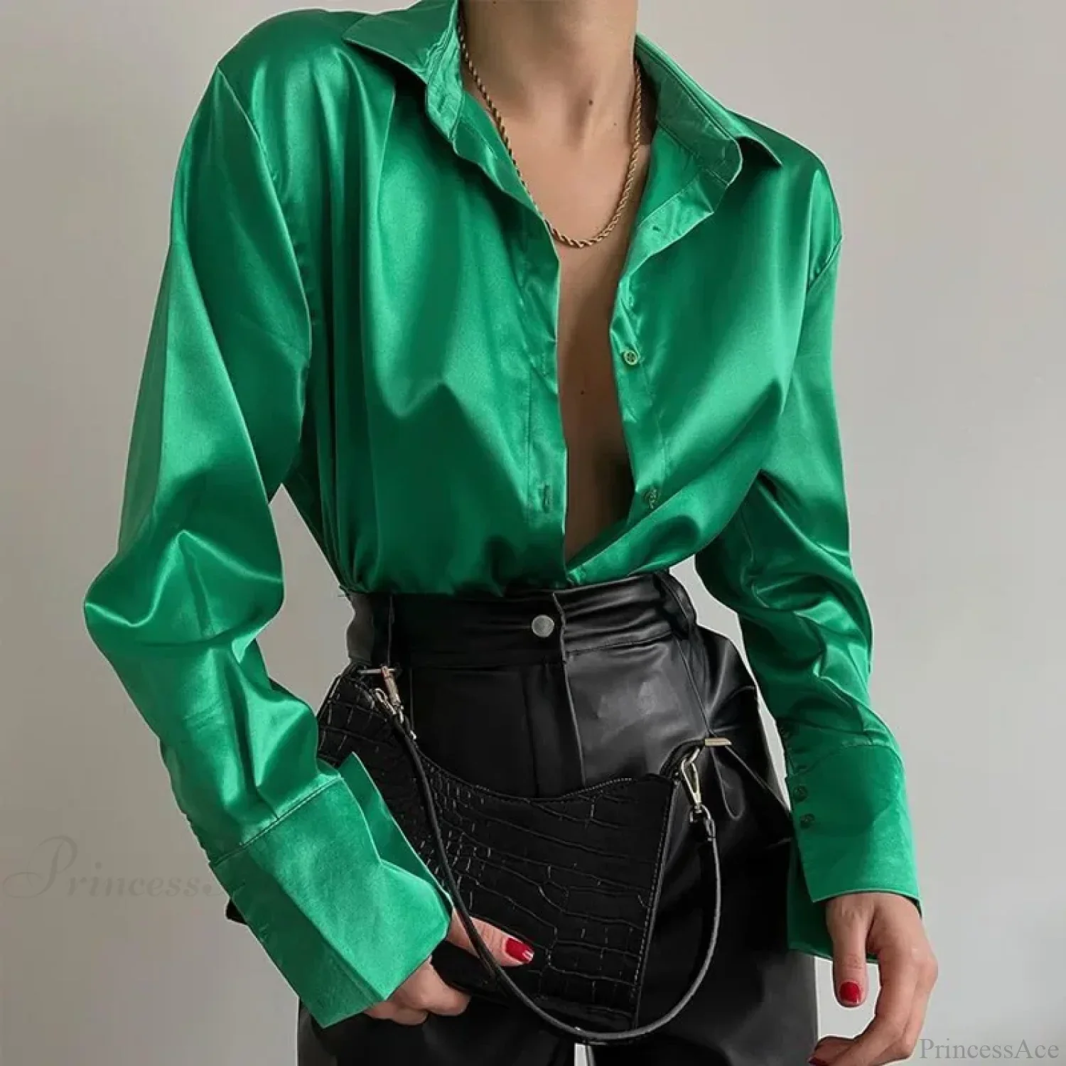 Button Up Satin Long Sleeve White Blouse - Image 2