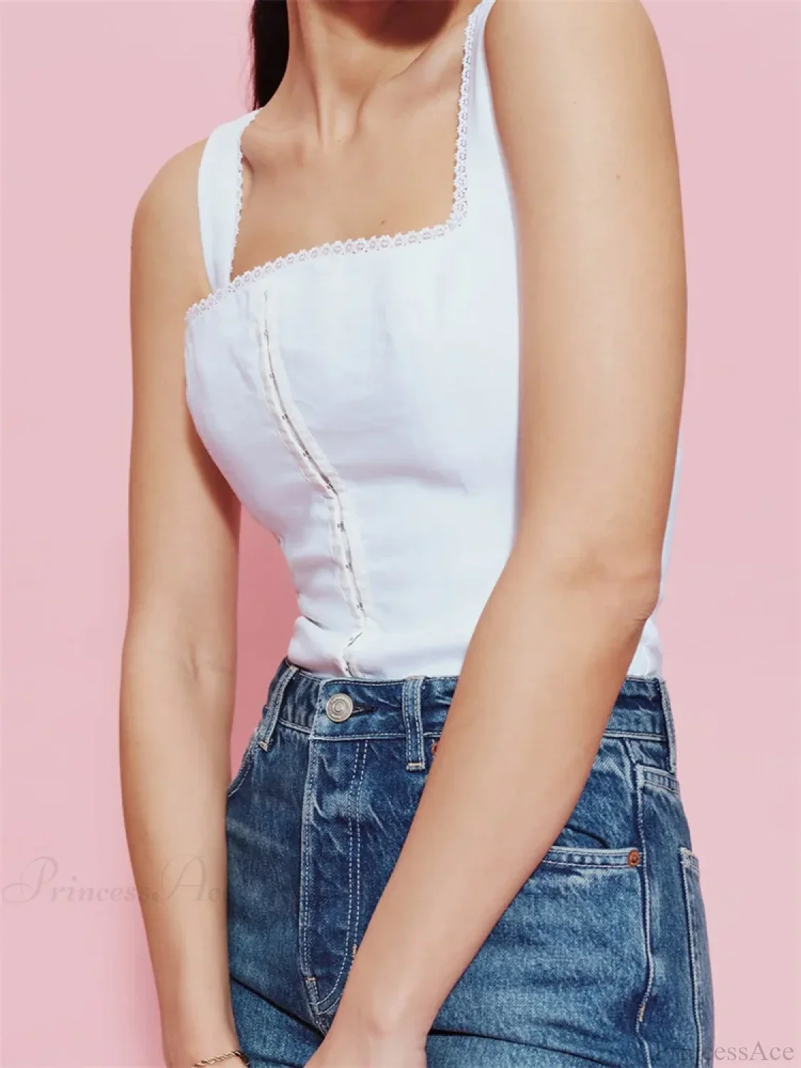 Button-up Square Neck Lace Floral Crop Top - Image 4
