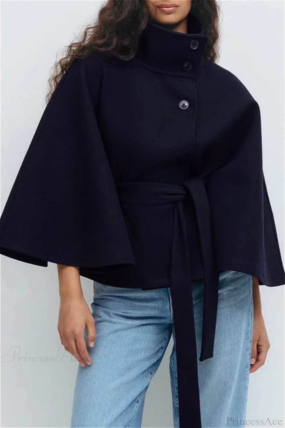 Button Up Stand Collar Cape Coat - Image 5