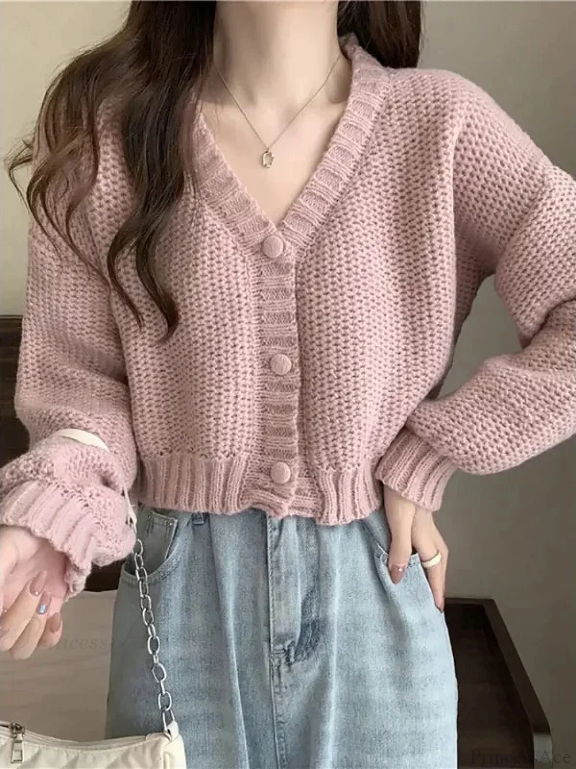 Button-Up V-Neck Sweet Casual Knit Cardigan - Image 2