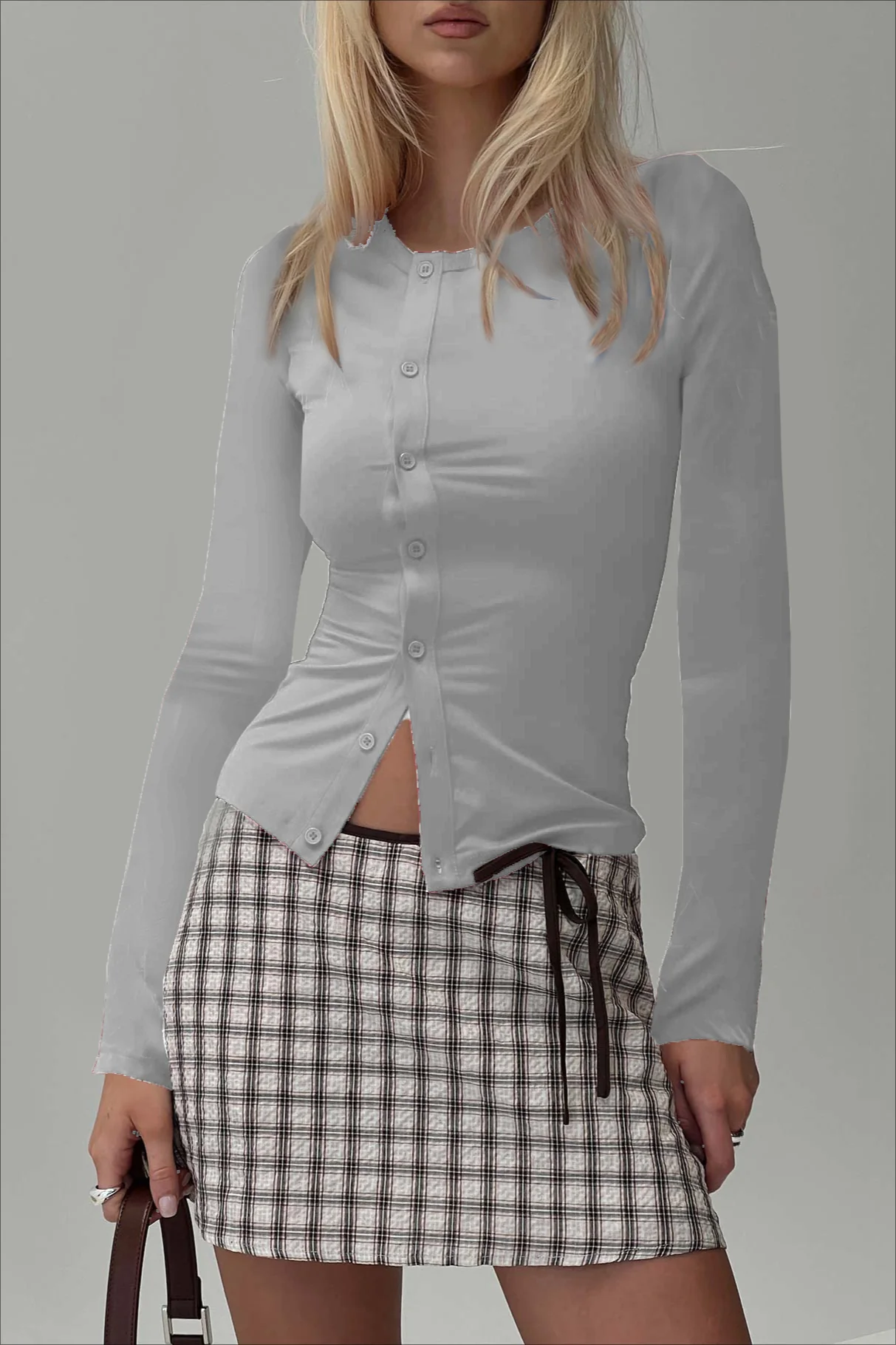 Buttoned Fitted Crew Neck Knit Sweater - Image 2