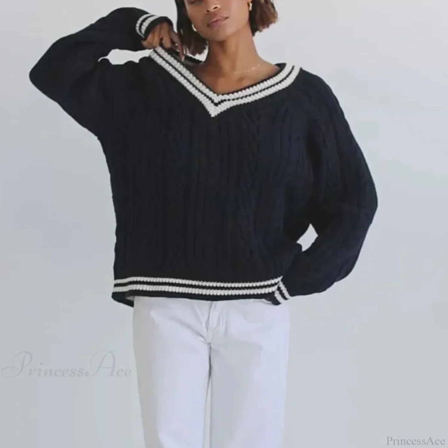 Cable Knit Loose Contrast Trim Streetwear Sweater - Image 3
