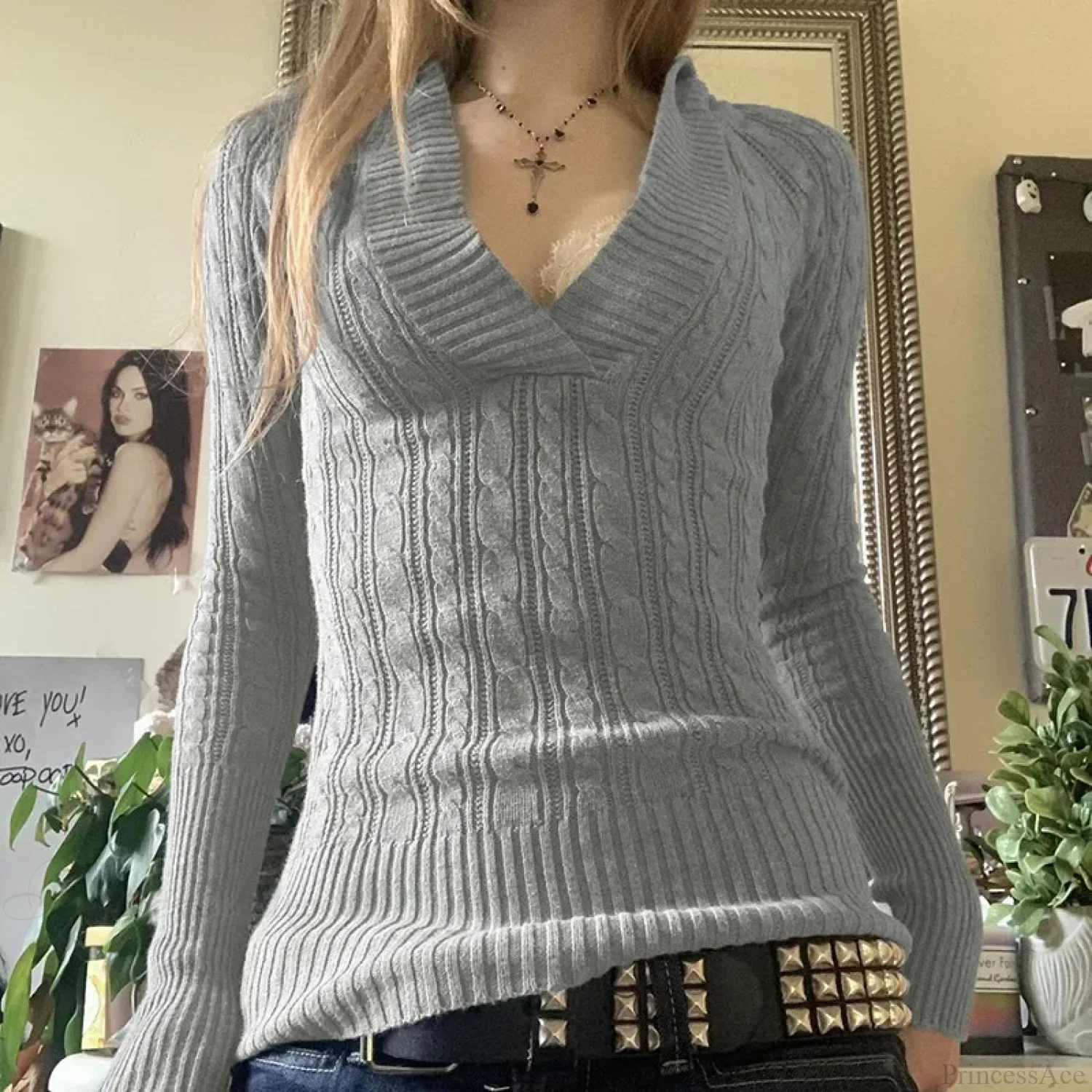 Cable Knitted Slim Fit Hooded Sweater Long Sleeve V Neck Women - Image 3