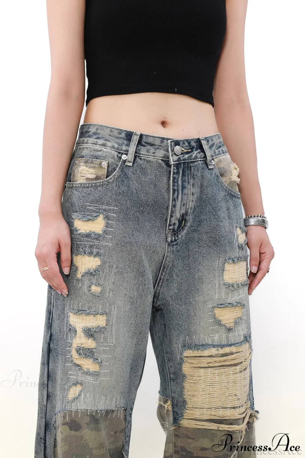Camouflage Patchwork Distressed Wide Jeans - Image 3