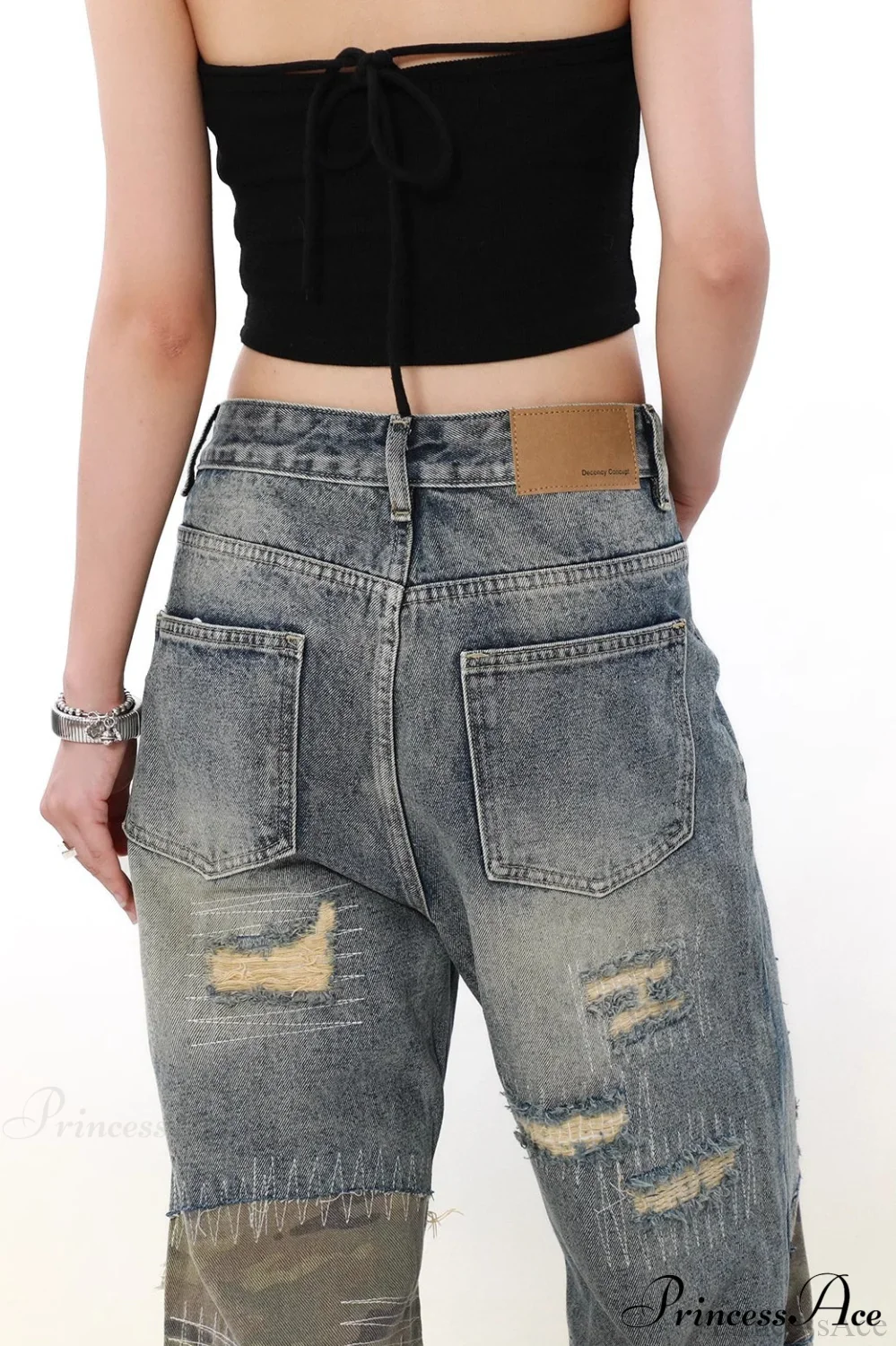 Camouflage Patchwork Distressed Wide Jeans - Image 4