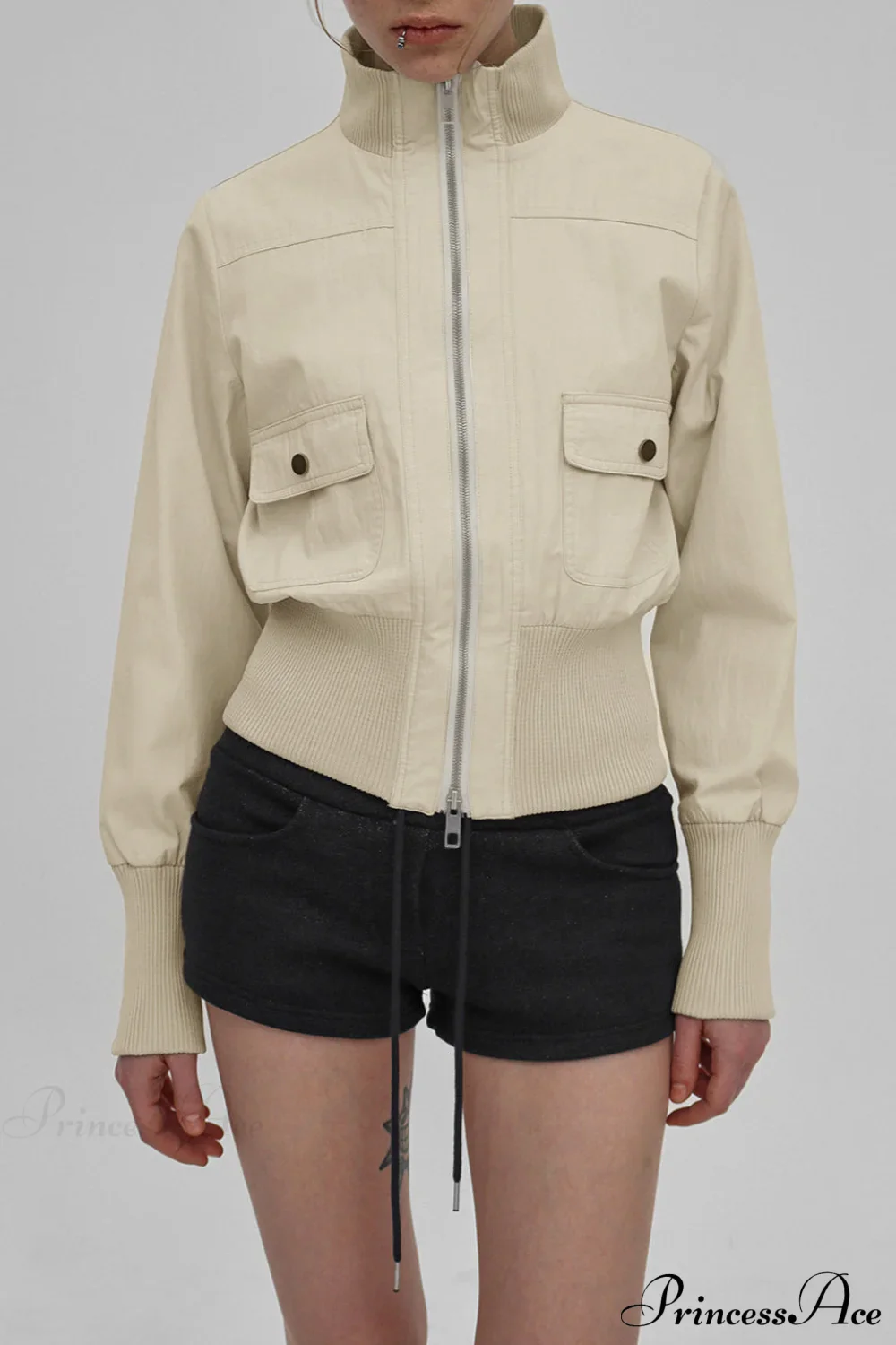 Cargo Zip Pocket Stand Collar Waist Casual Jacket - Image 2