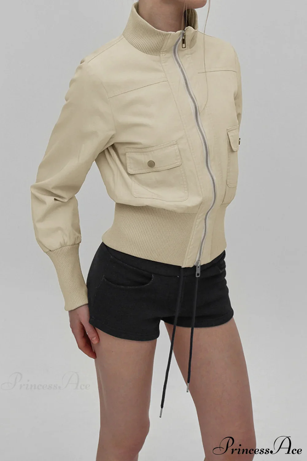 Cargo Zip Pocket Stand Collar Waist Casual Jacket - Image 3