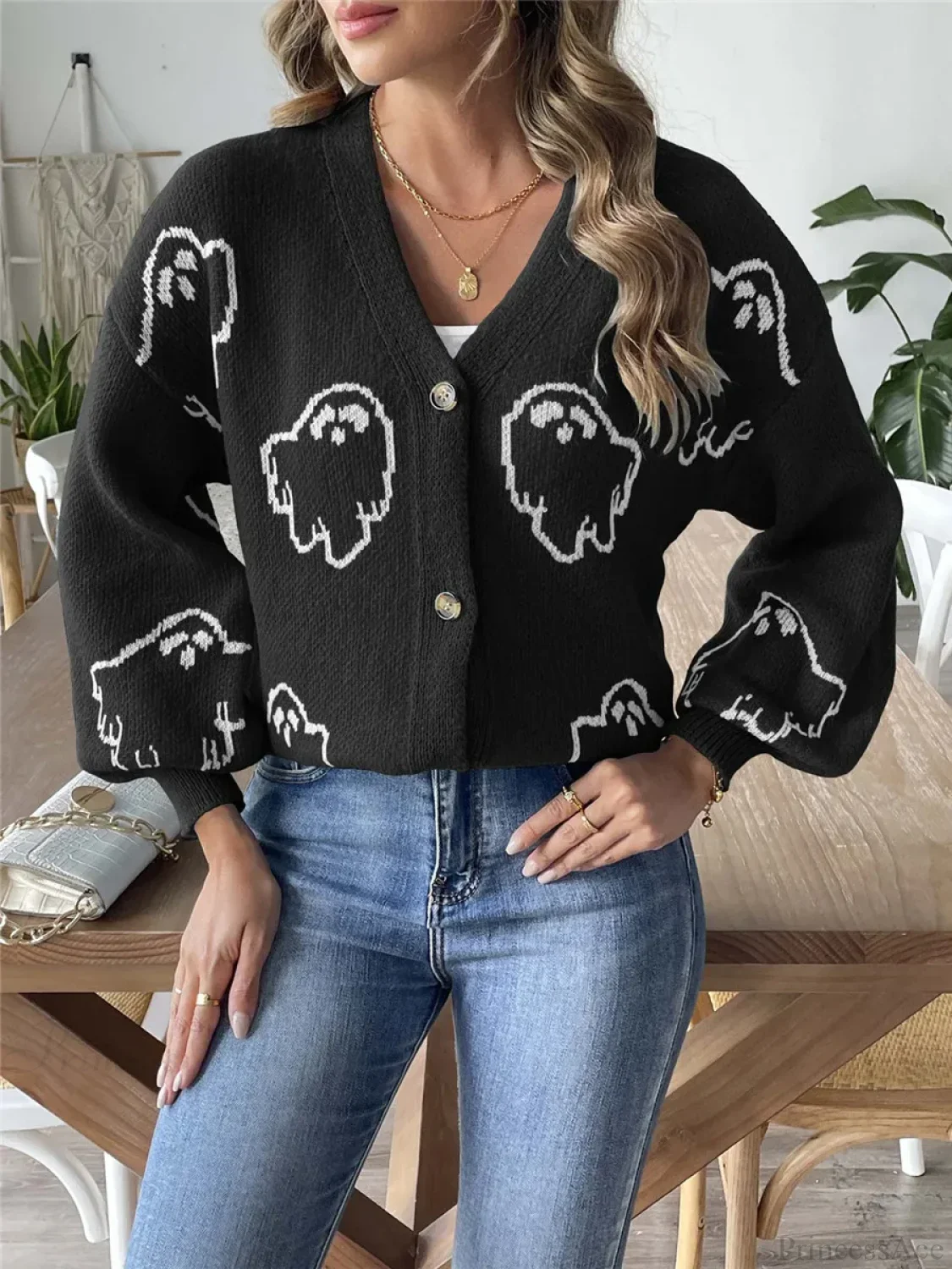 Cartoon Jacquard Halloween Button-up Cardigan - Image 5